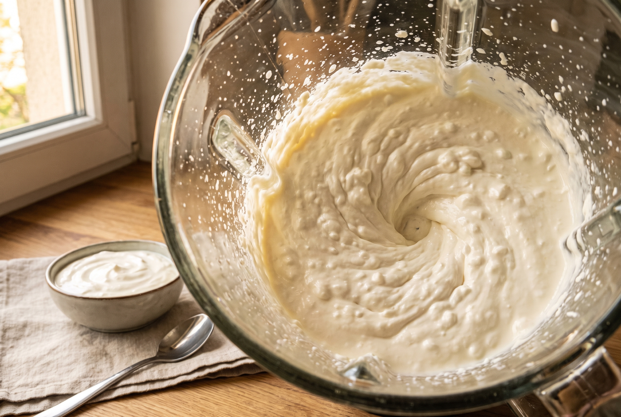Close-up process photo of cottage cheese blending into a completely smooth thick cream in a blender jar