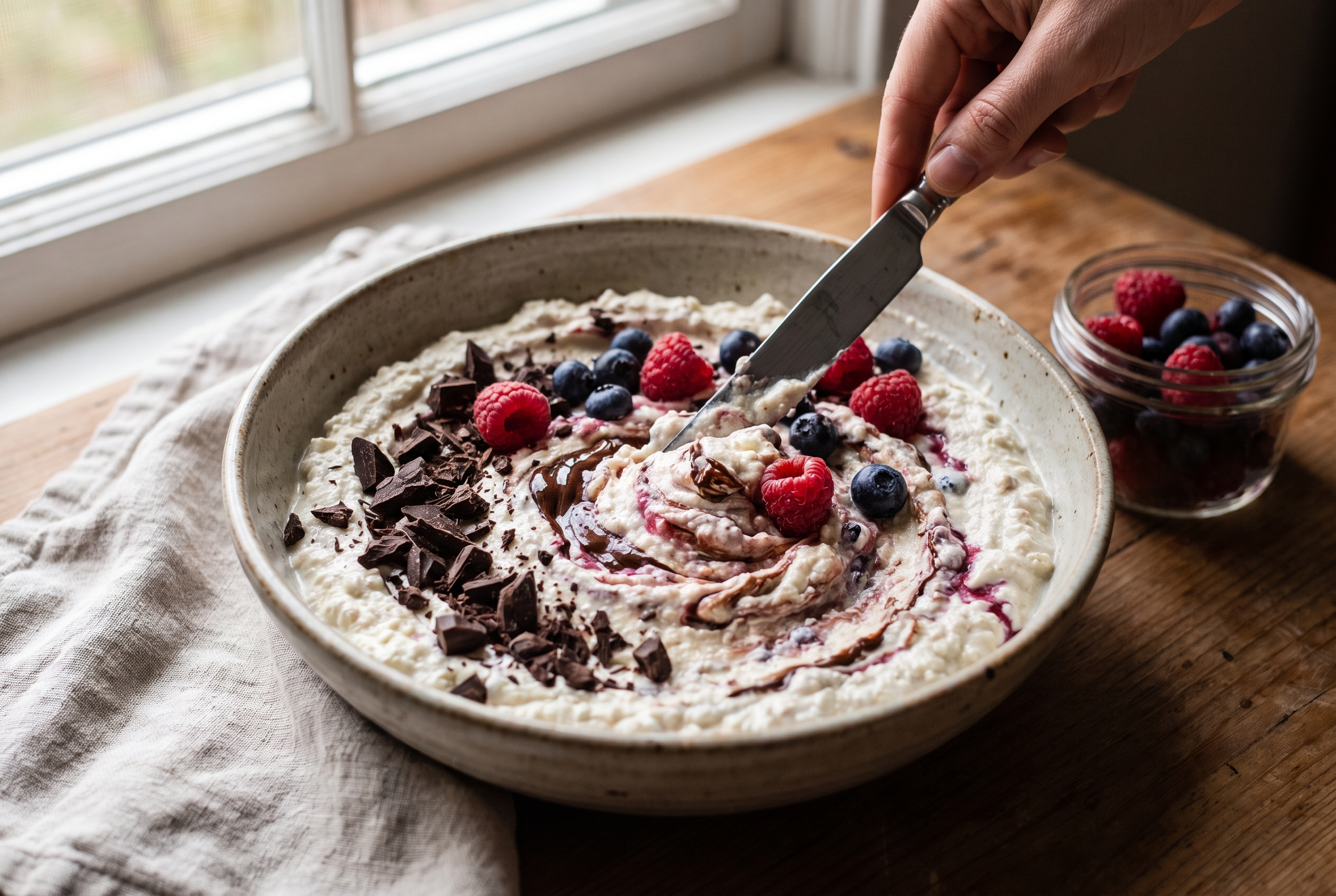 Close-up process photo of dark chocolate pieces and berries being swirled through cottage cheese ice cream base with a knife