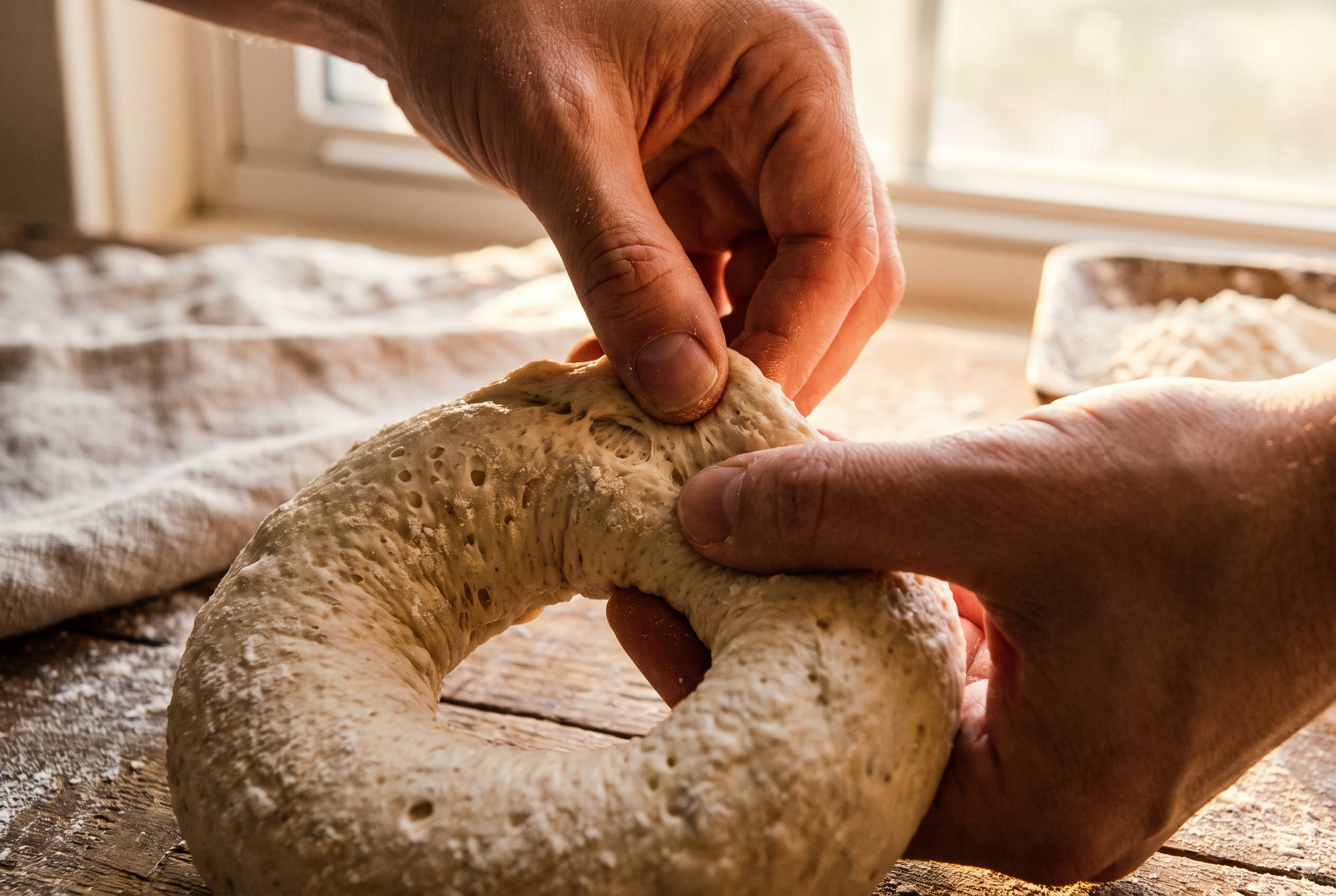 Close-up process photo of a dough rope being joined into a bagel ring with the seam pinched and sealed