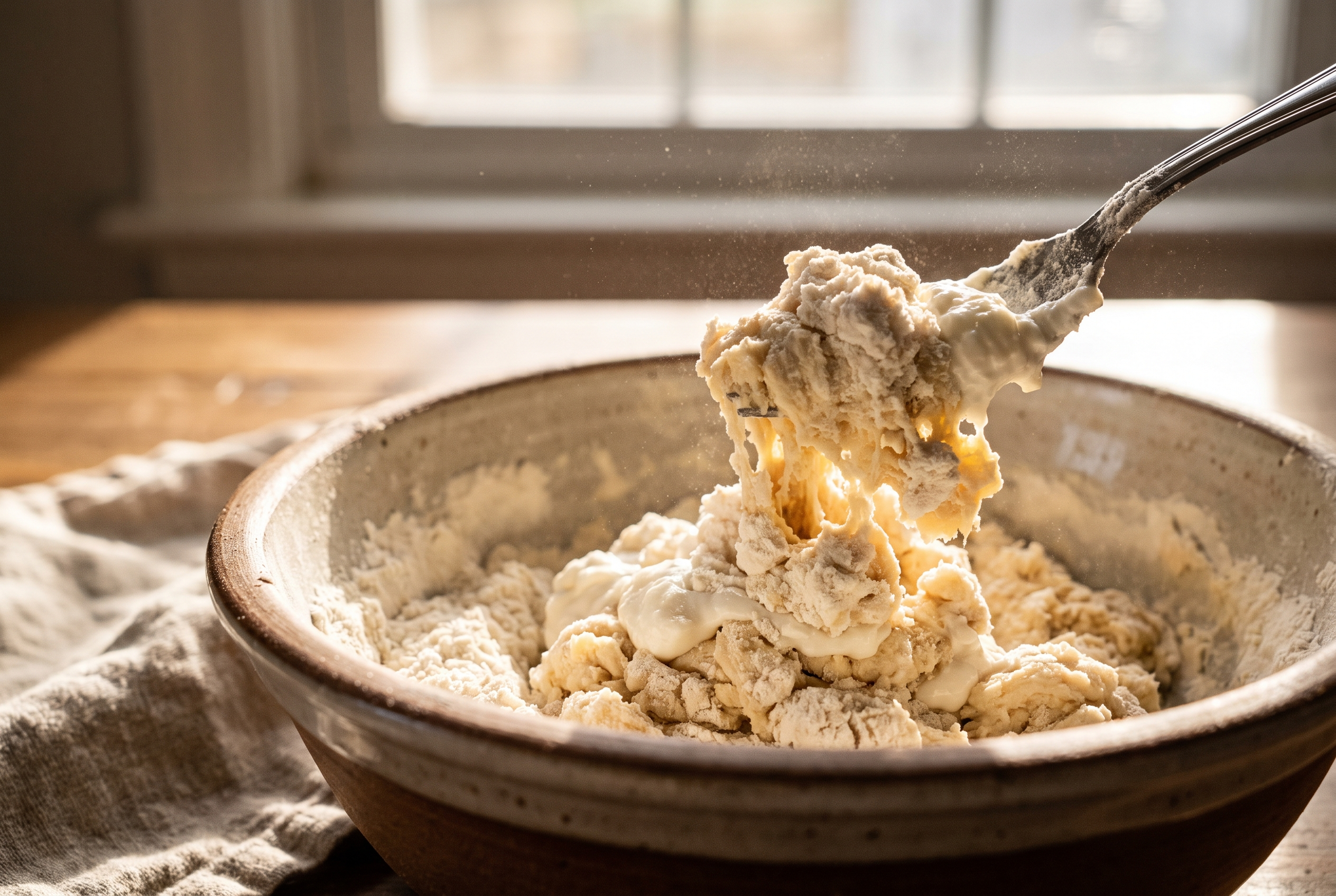 Close-up process photo of self-rising flour and thick Greek yogurt being stirred into shaggy dough with a fork in a bowl
