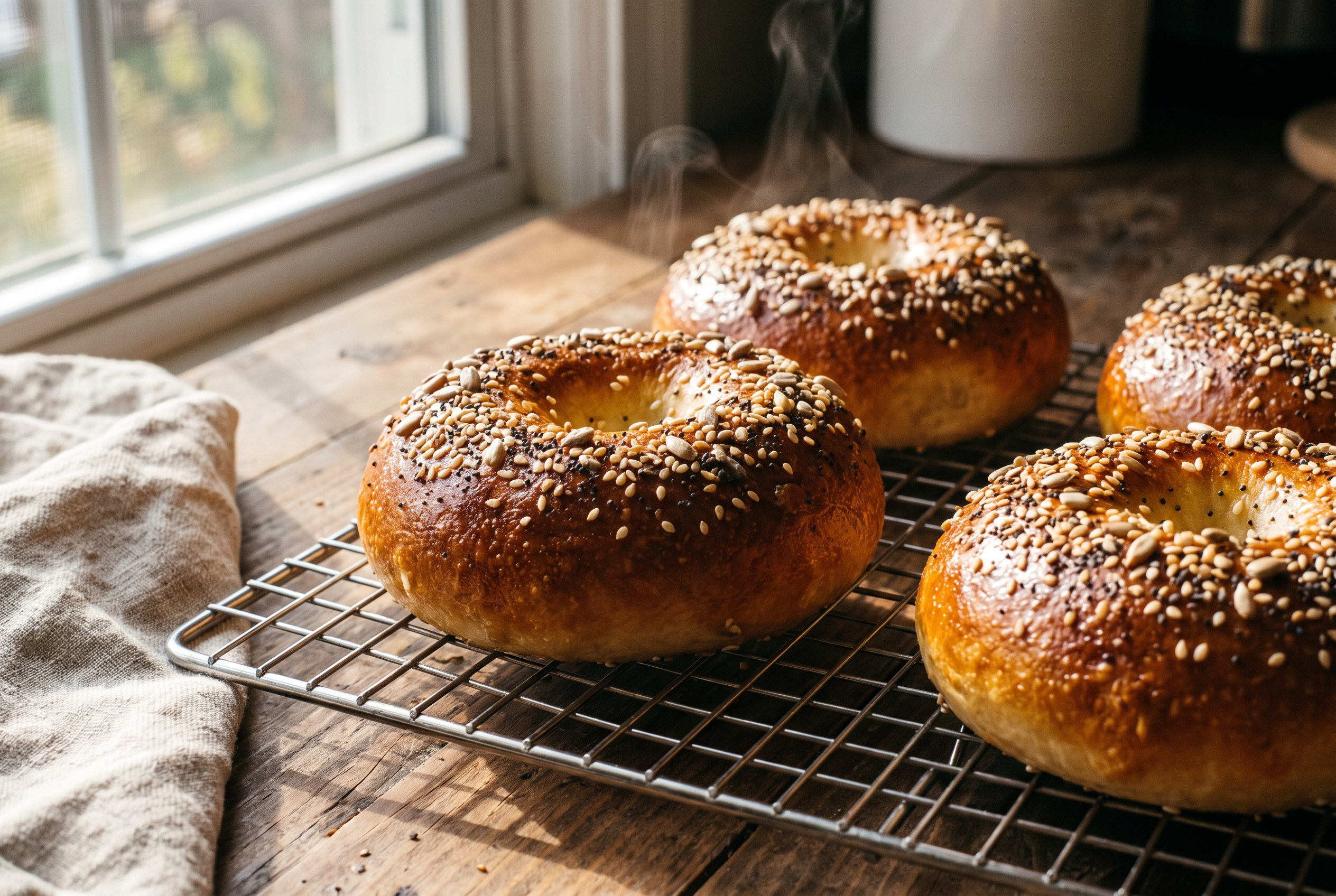 Close-up process photo of baked greek yogurt bagels cooling on a wire rack with deeply golden tops and seeds