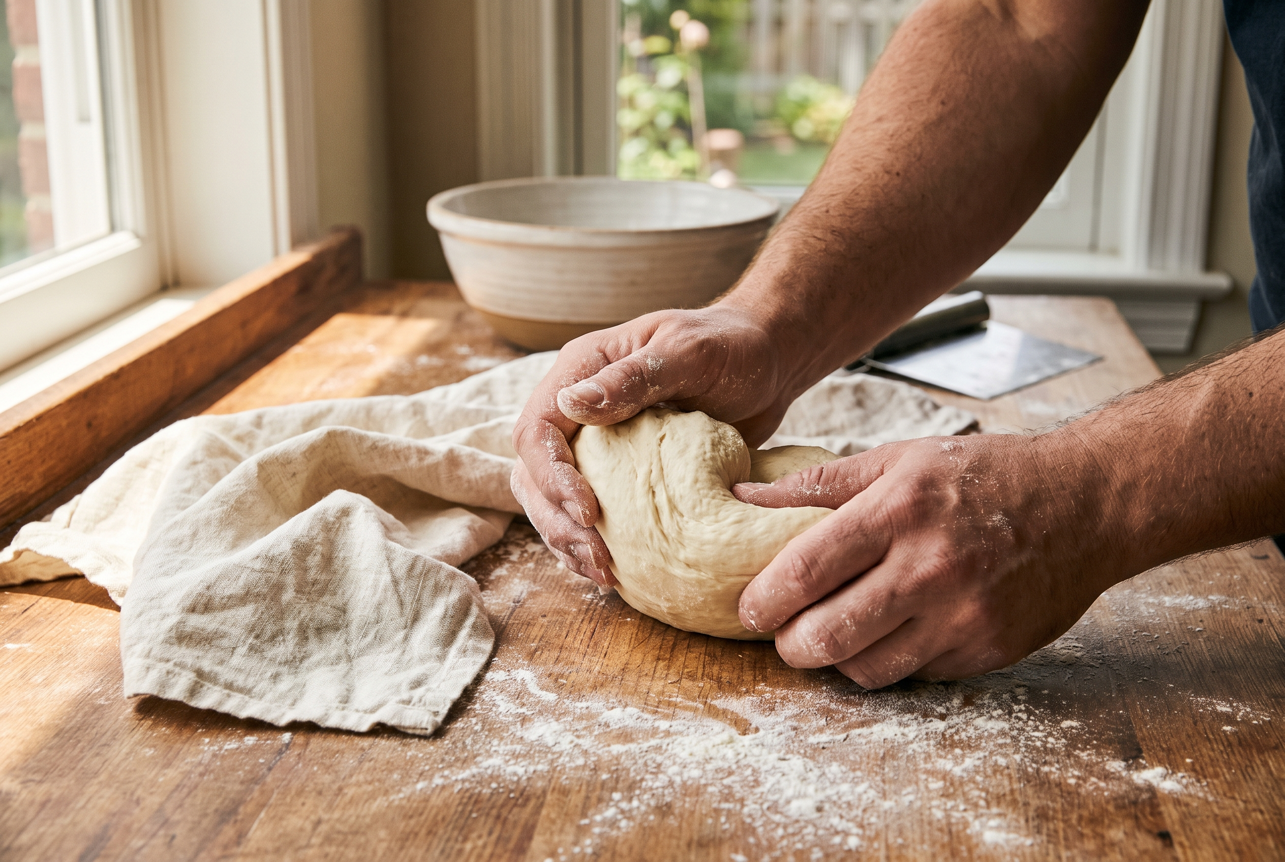 Close-up process photo of soft bagel dough being kneaded briefly on a floured wooden counter, cream linen