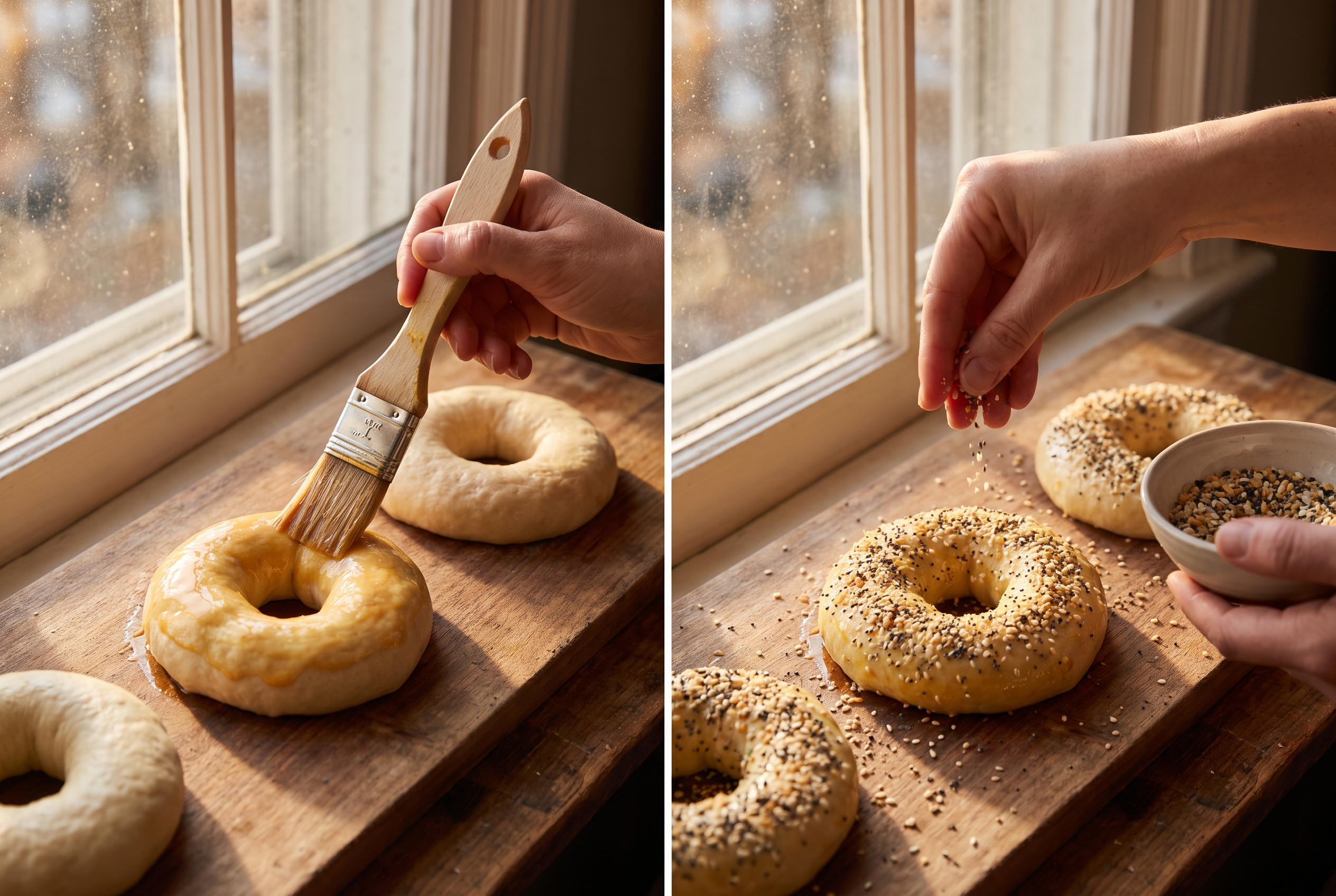 Close-up process photo of raw bagel rings being brushed with egg wash and sprinkled with everything bagel seasoning