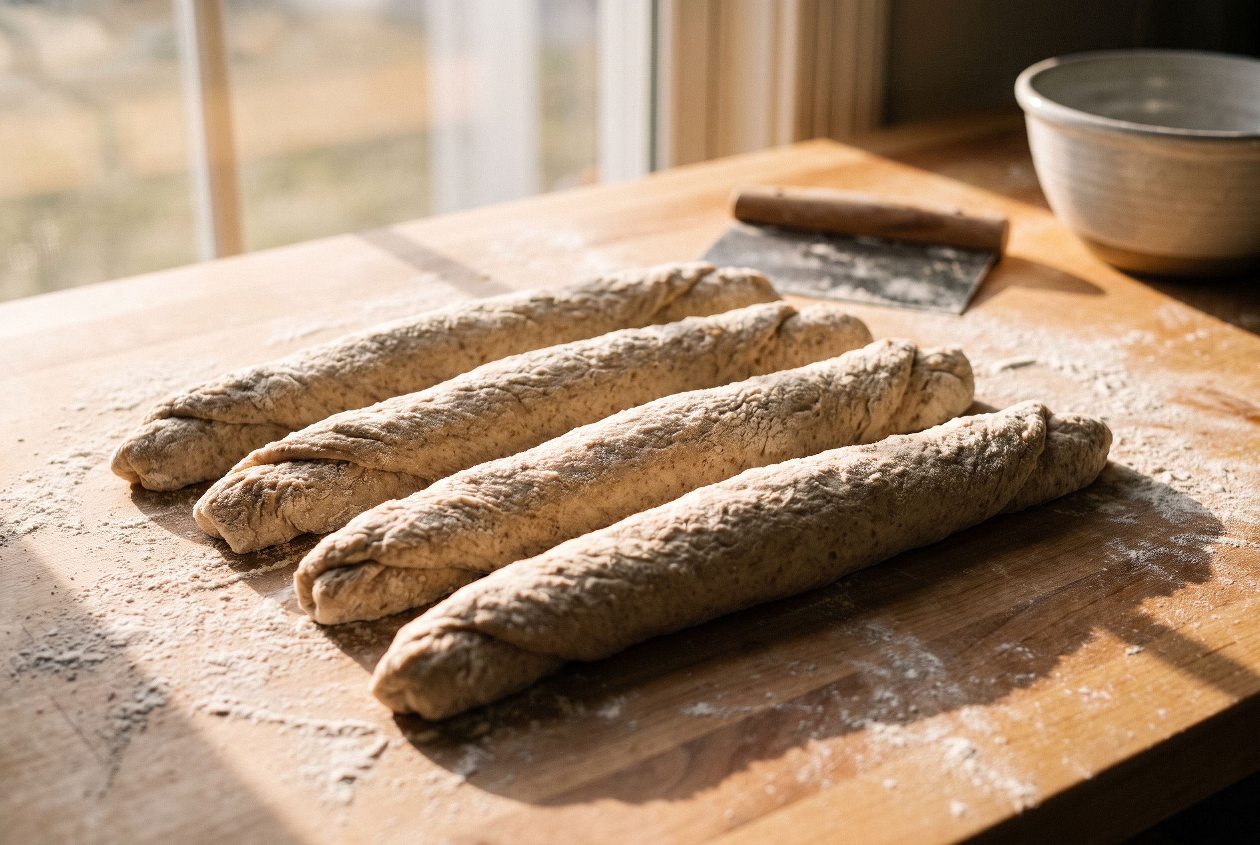 Close-up process photo of bagel dough divided into four equal pieces and rolled into ropes on a floured surface
