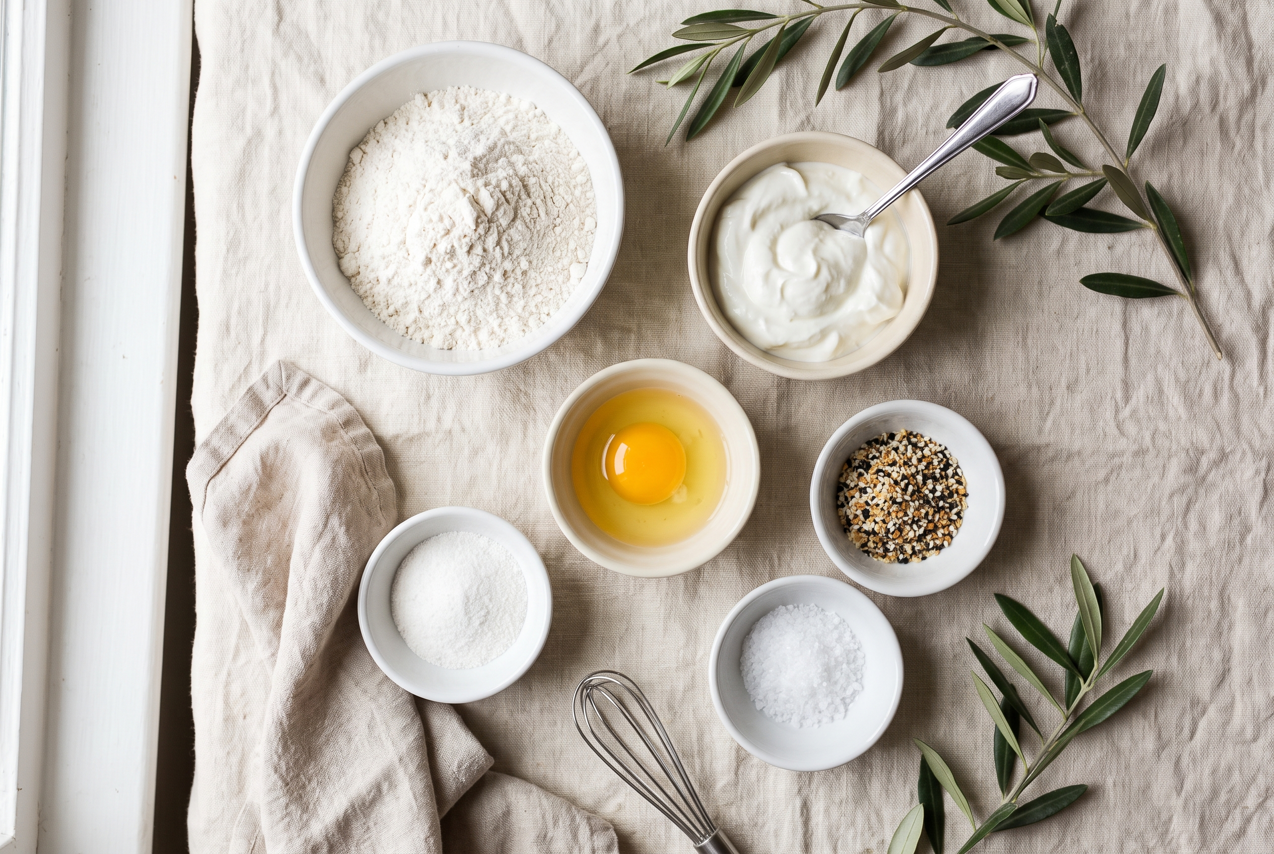 Overhead flat-lay of ingredients for greek yogurt bagels in small white bowls — self-rising flour, thick Greek yogurt, an egg for washing, everything bagel seasoning and flaky salt