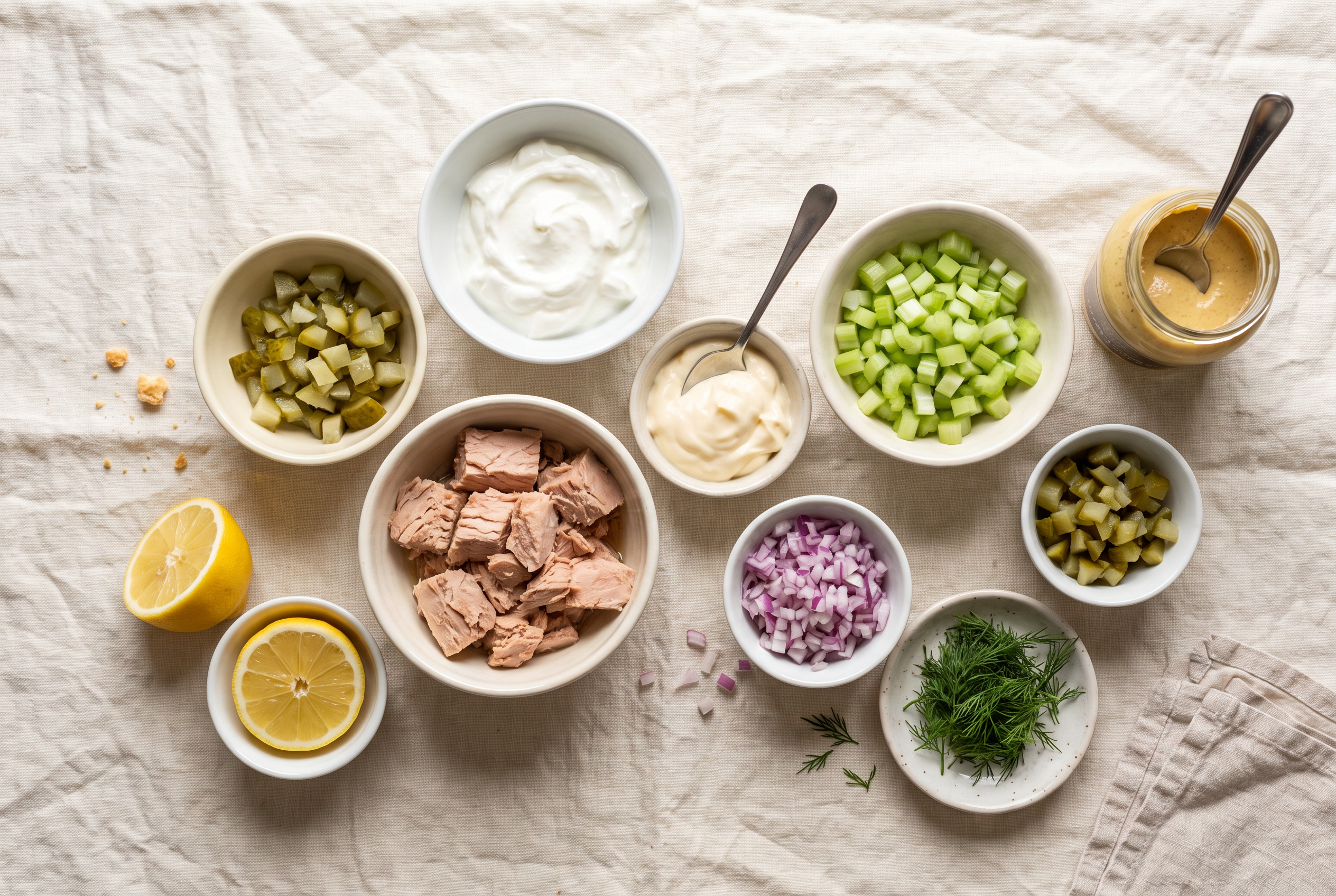 Overhead flat-lay of ingredients for high protein tuna salad in small white bowls — canned tuna, Greek yogurt, mayonnaise, celery, red onion, dill pickles, fresh dill, lemon and Dijon mustard