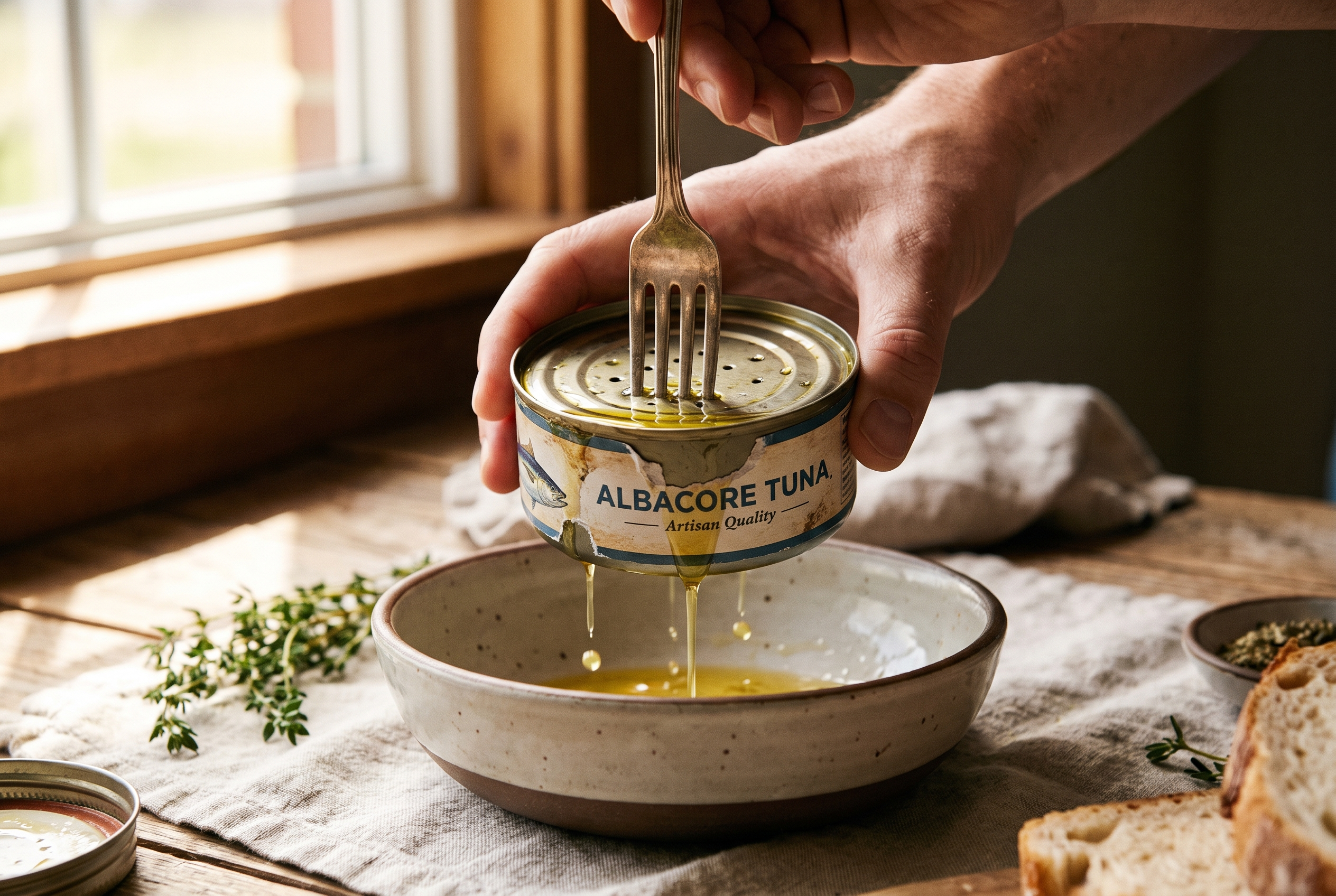 Close-up process photo of canned tuna being pressed firmly with a fork to drain liquid from the can