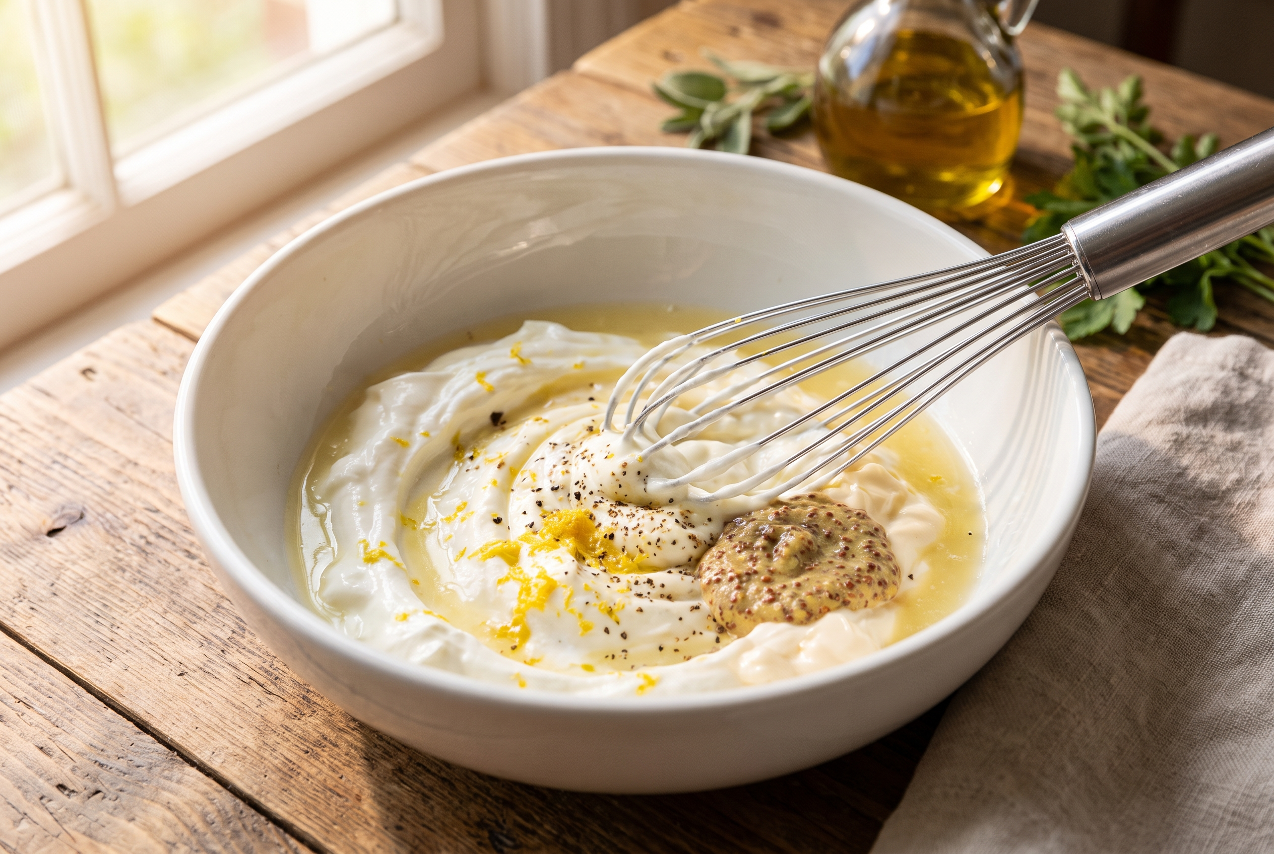 Close-up process photo of Greek yogurt, mayonnaise, Dijon and lemon being whisked into a dressing in a white bowl