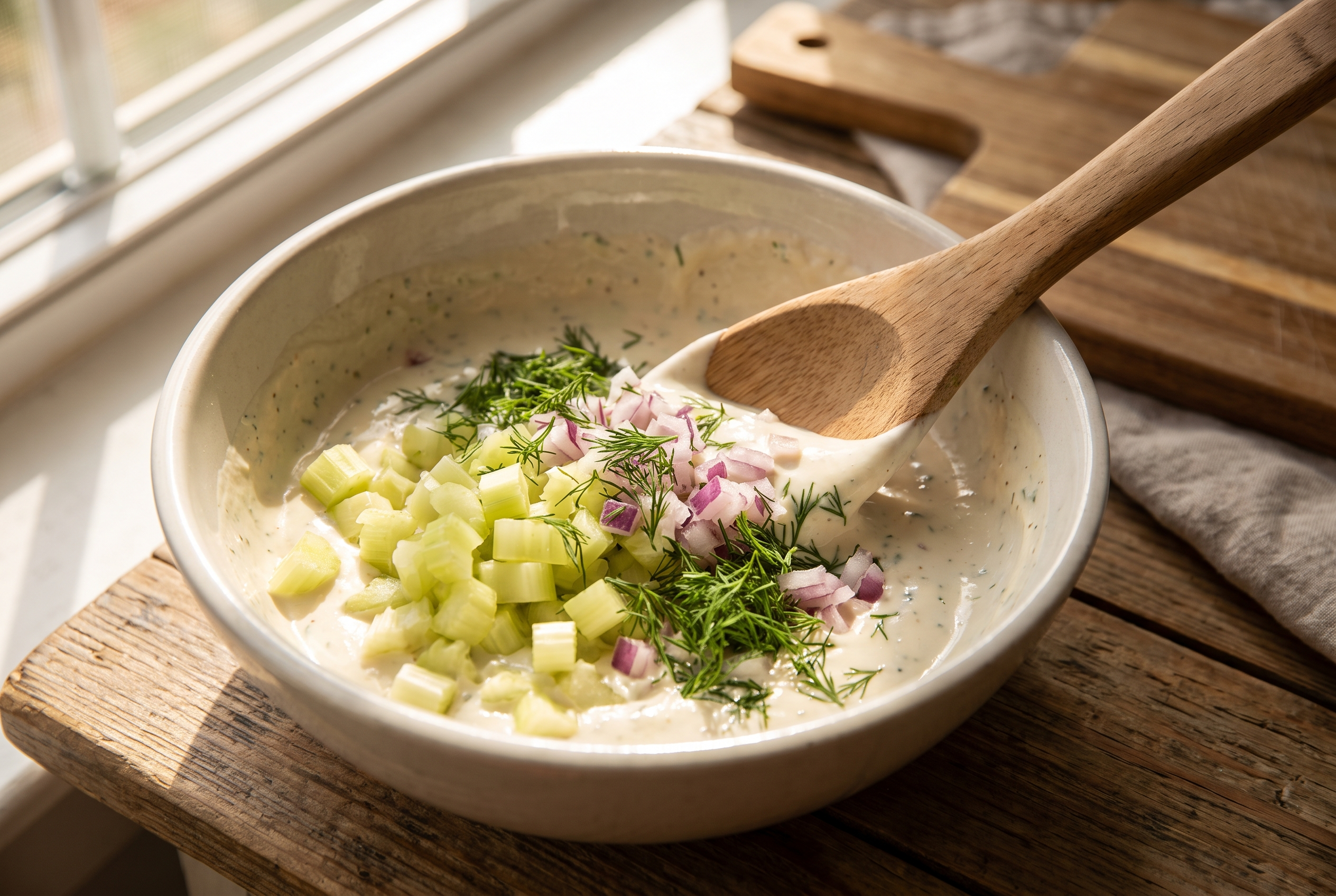 Close-up process photo of diced celery, red onion and fresh dill being folded into creamy dressing in a bowl
