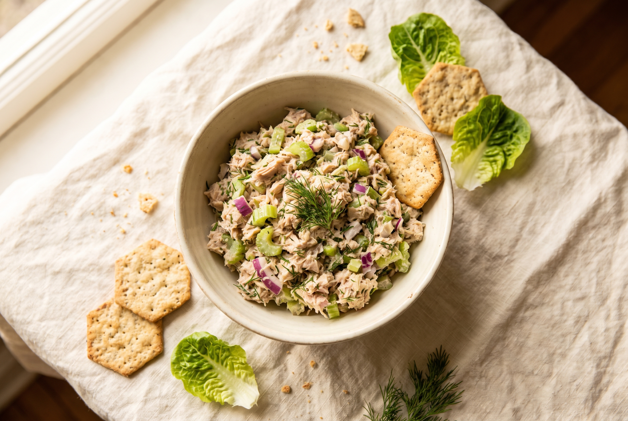 High protein tuna salad in a cream bowl with visible celery, red onion and dill, served with crackers and lettuce leaves, 34g protein 10-minute lunch recipe
