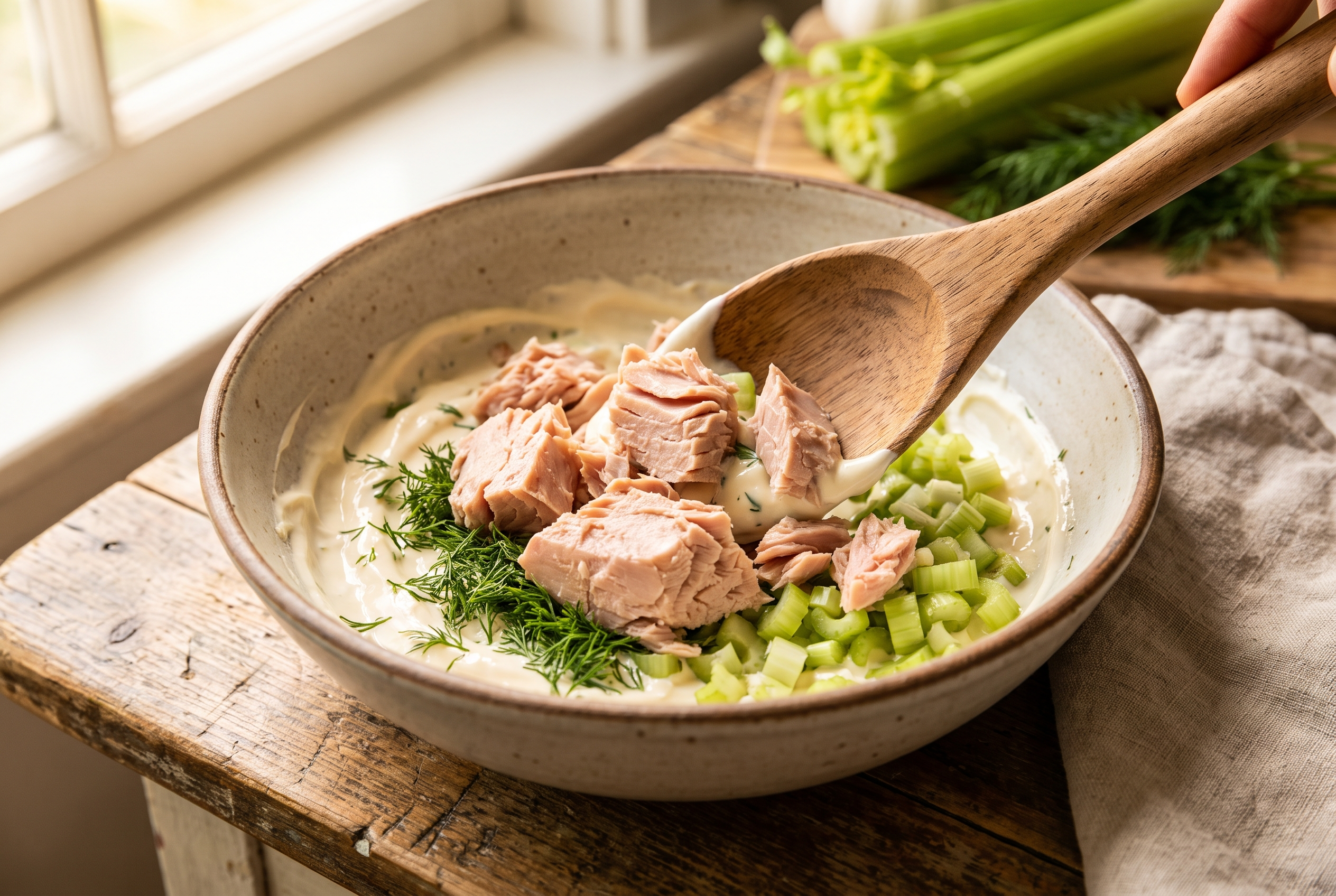 Close-up process photo of drained flaked tuna being gently folded into creamy dressing with celery and dill