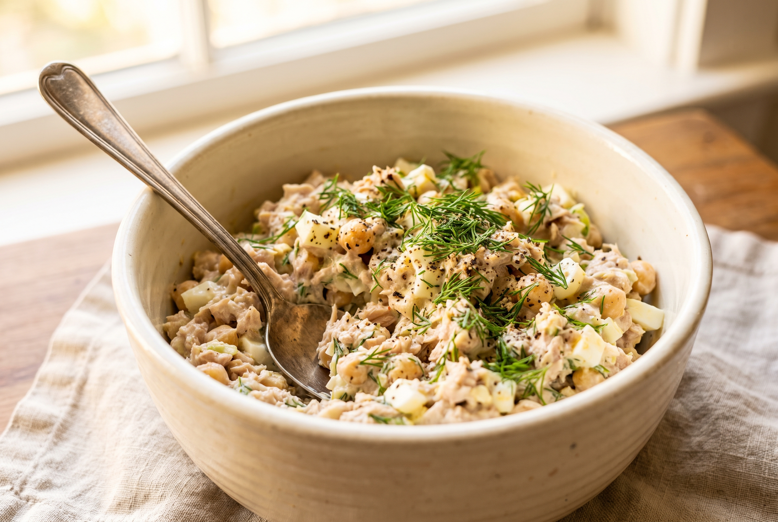 Close-up process photo of finished high protein tuna salad in a cream bowl with a spoon, fresh dill on top
