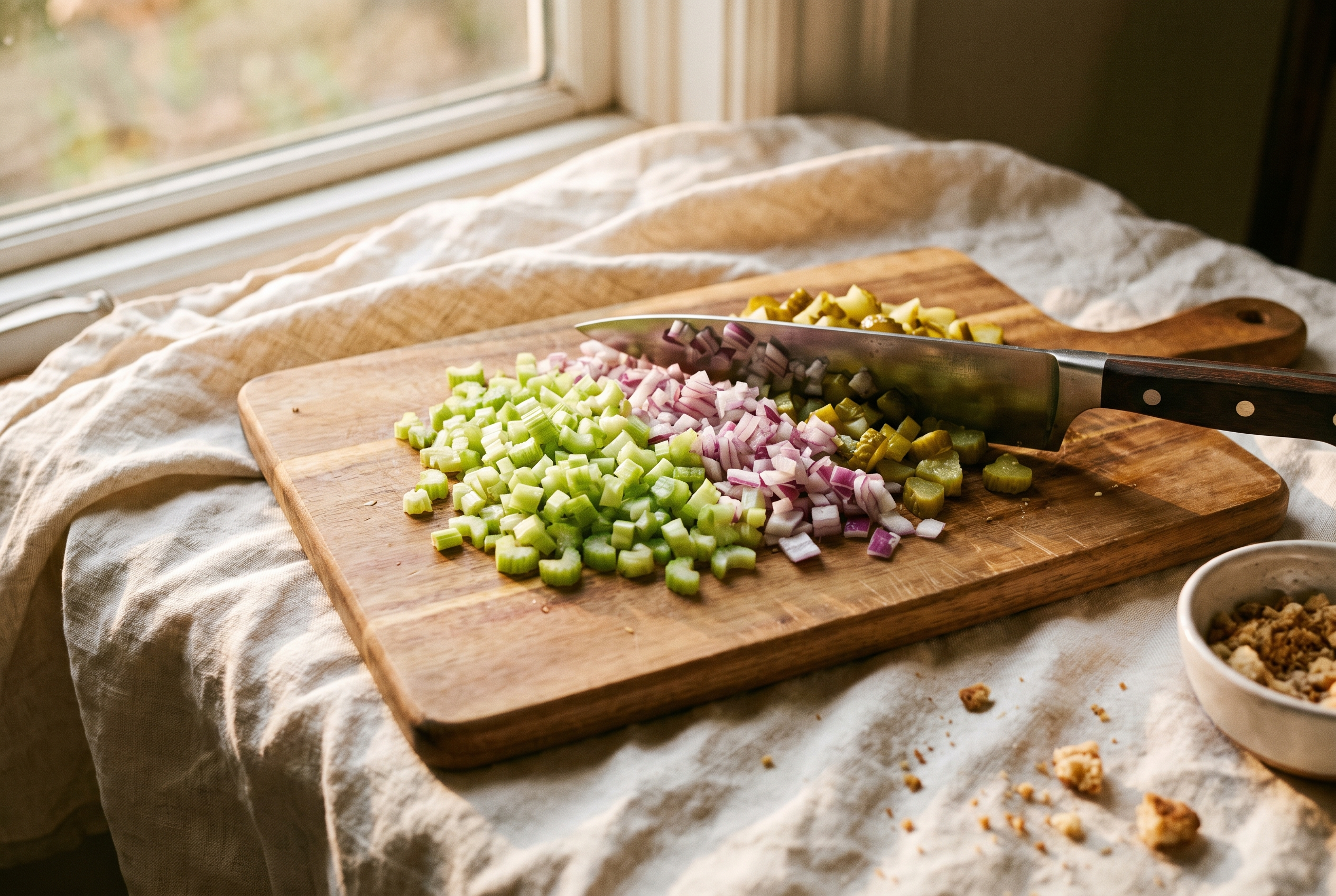 Close-up process photo of finely diced celery, red onion and dill pickles on a wooden board, cream linen