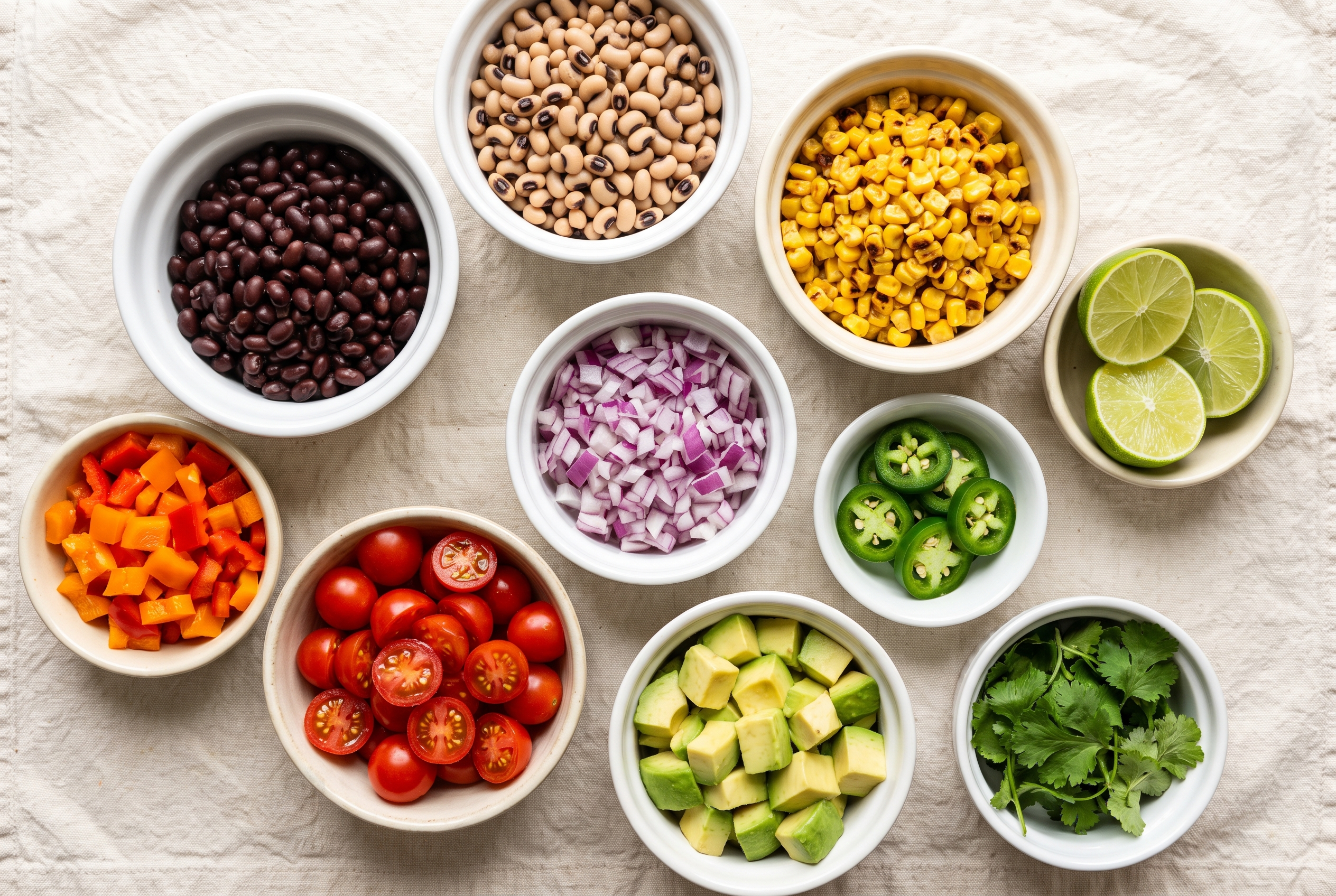 Overhead flat-lay of ingredients for cowboy caviar in small white bowls — black beans, black-eyed peas, corn, red and orange bell pepper, red onion, jalapeño, cherry tomatoes, avocado, lime and cilantro