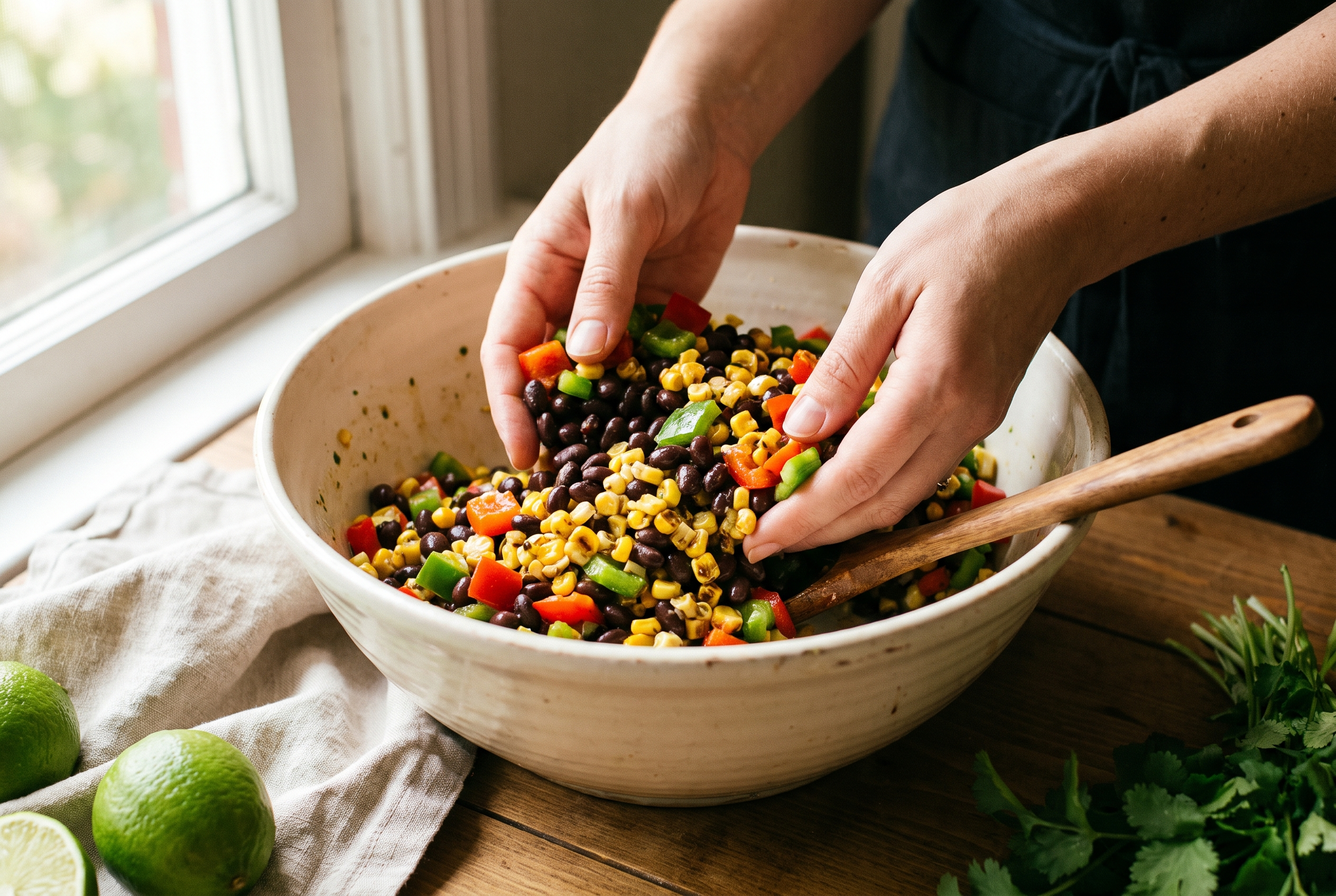 Close-up process photo of beans, corn and diced peppers being folded together with lime vinaigrette in a large cream bowl