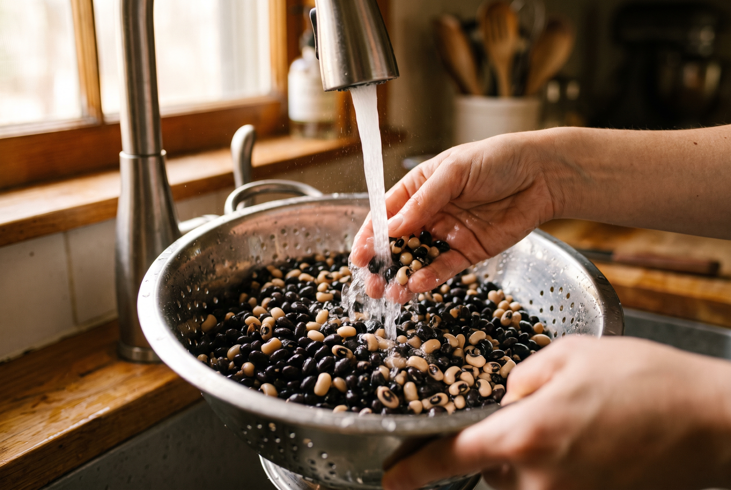 Close-up process photo of black beans and black-eyed peas being rinsed in a colander under running water