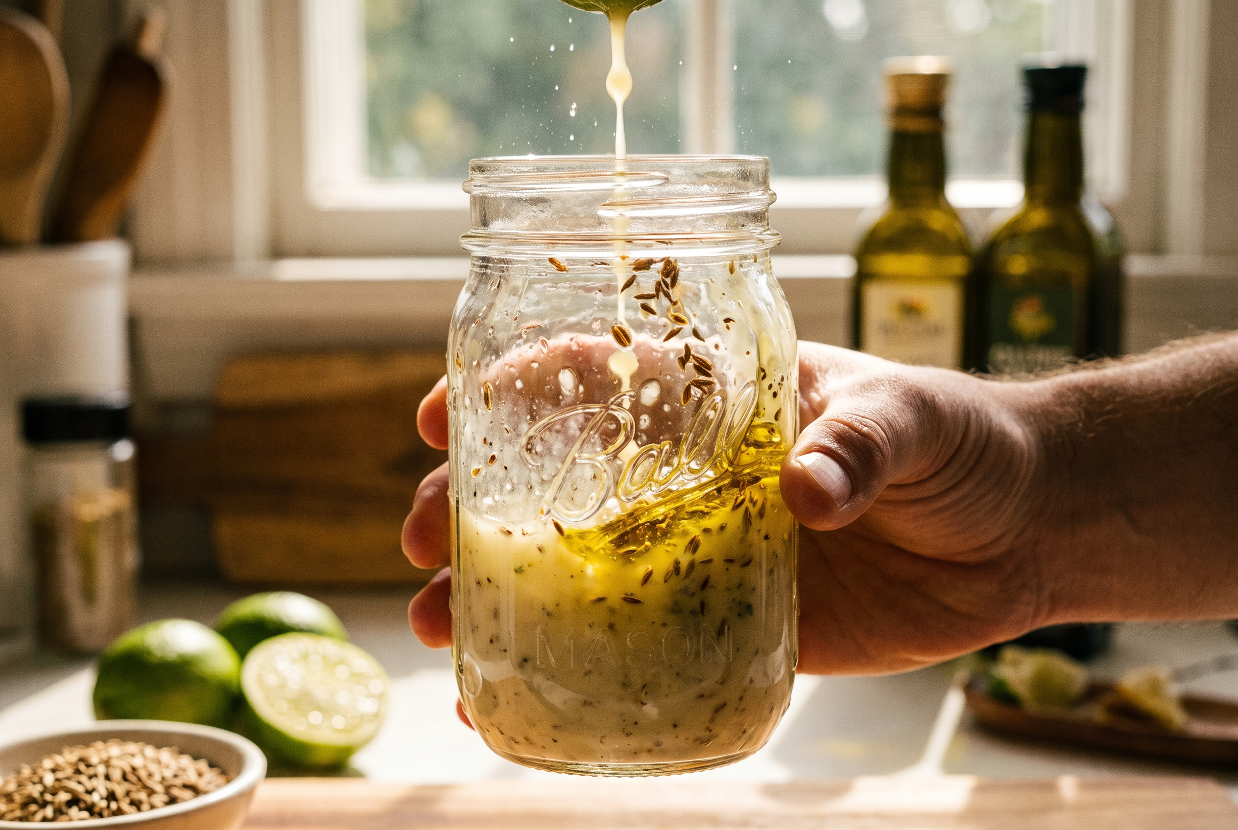 Close-up process photo of lime juice, olive oil and cumin being shaken into an emulsified vinaigrette in a glass jar
