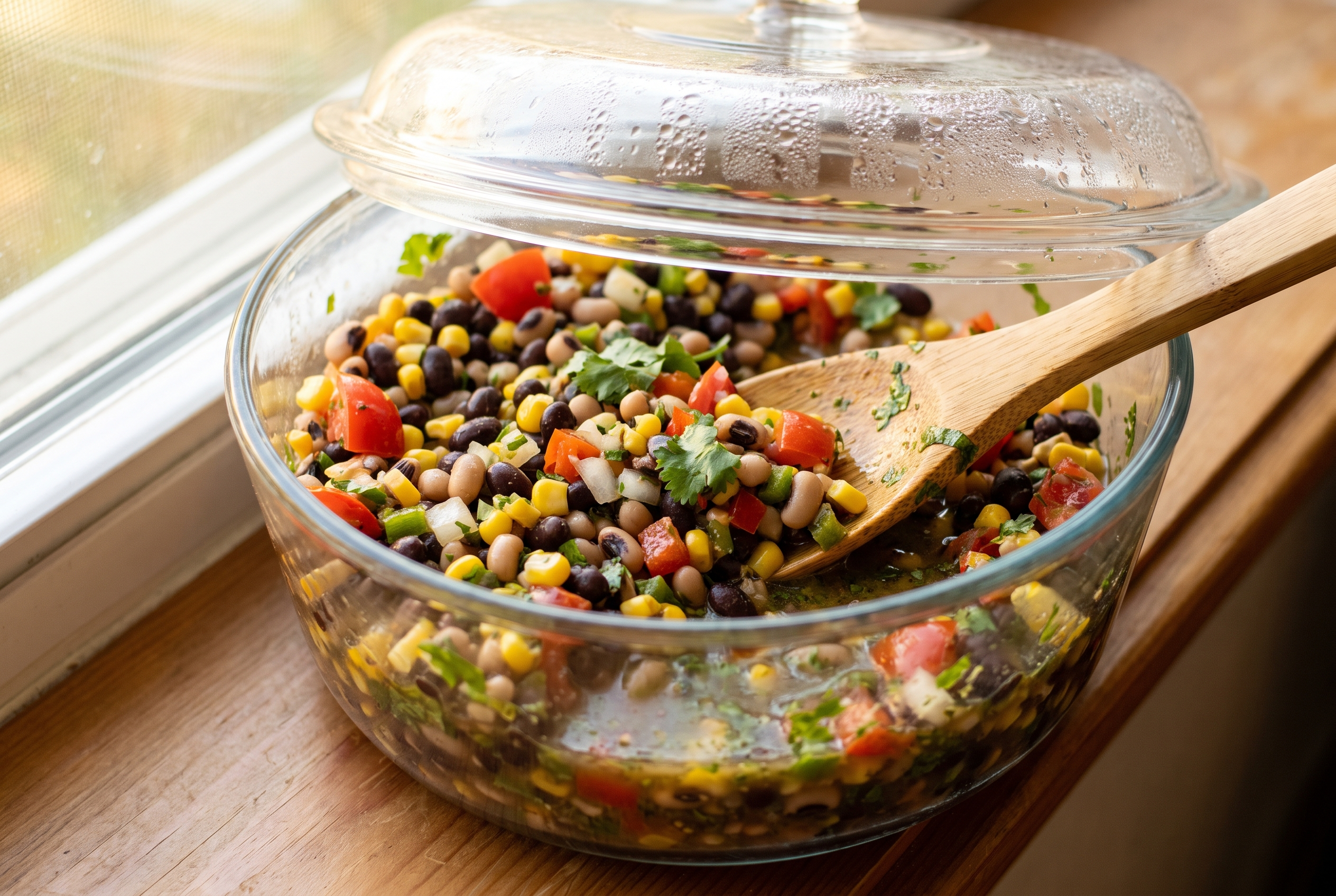 Close-up process photo of cowboy caviar resting in a covered glass bowl in the fridge, beans absorbing vinaigrette