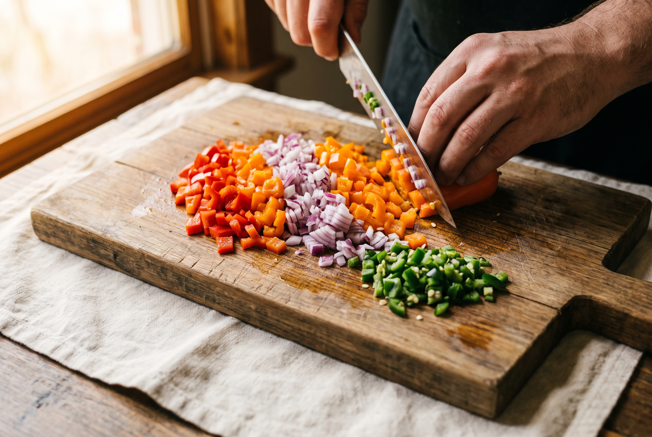 Close-up process photo of finely diced red and orange bell pepper, red onion and jalapeño on a wooden board