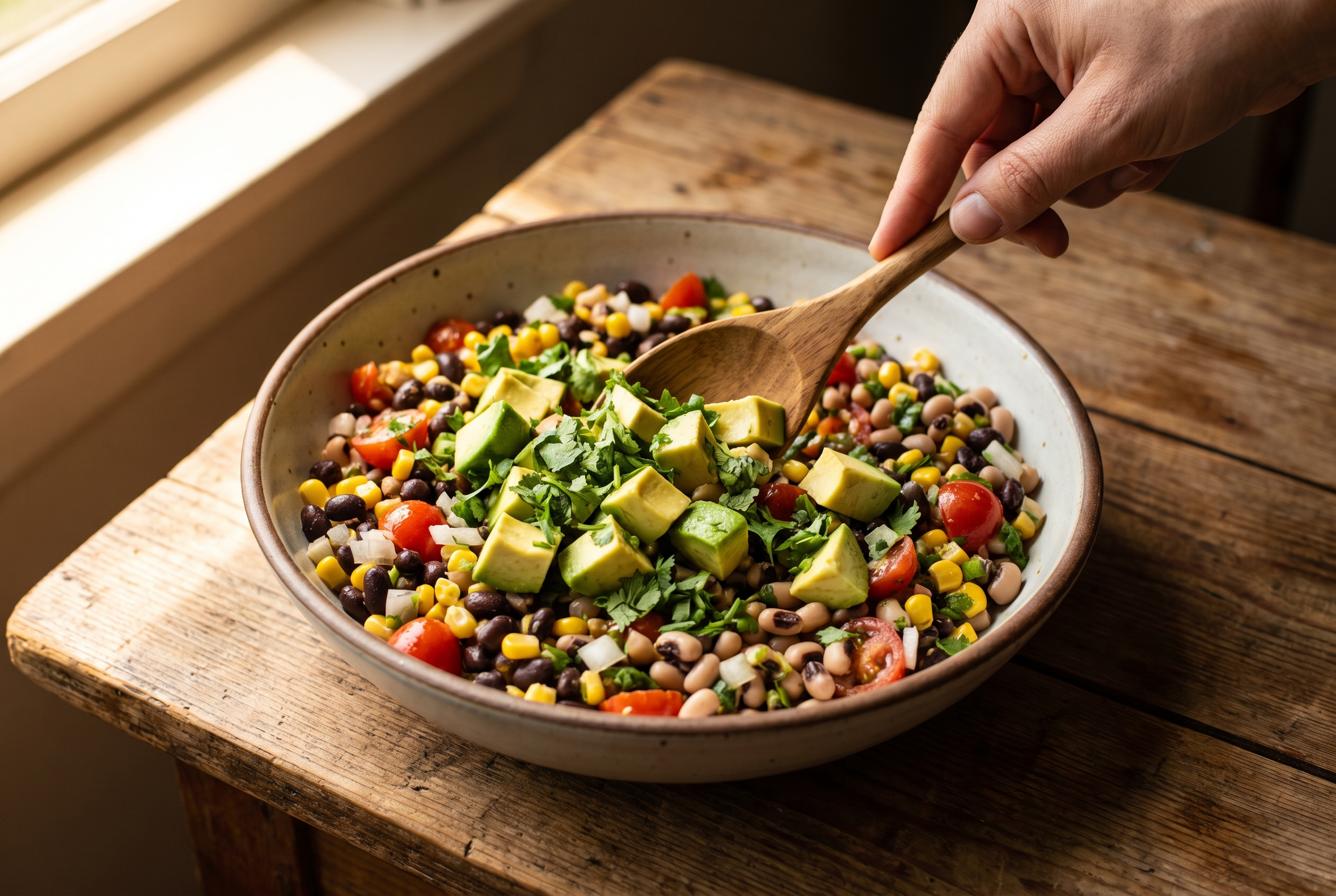 Close-up process photo of diced avocado and chopped cilantro being folded gently into finished cowboy caviar