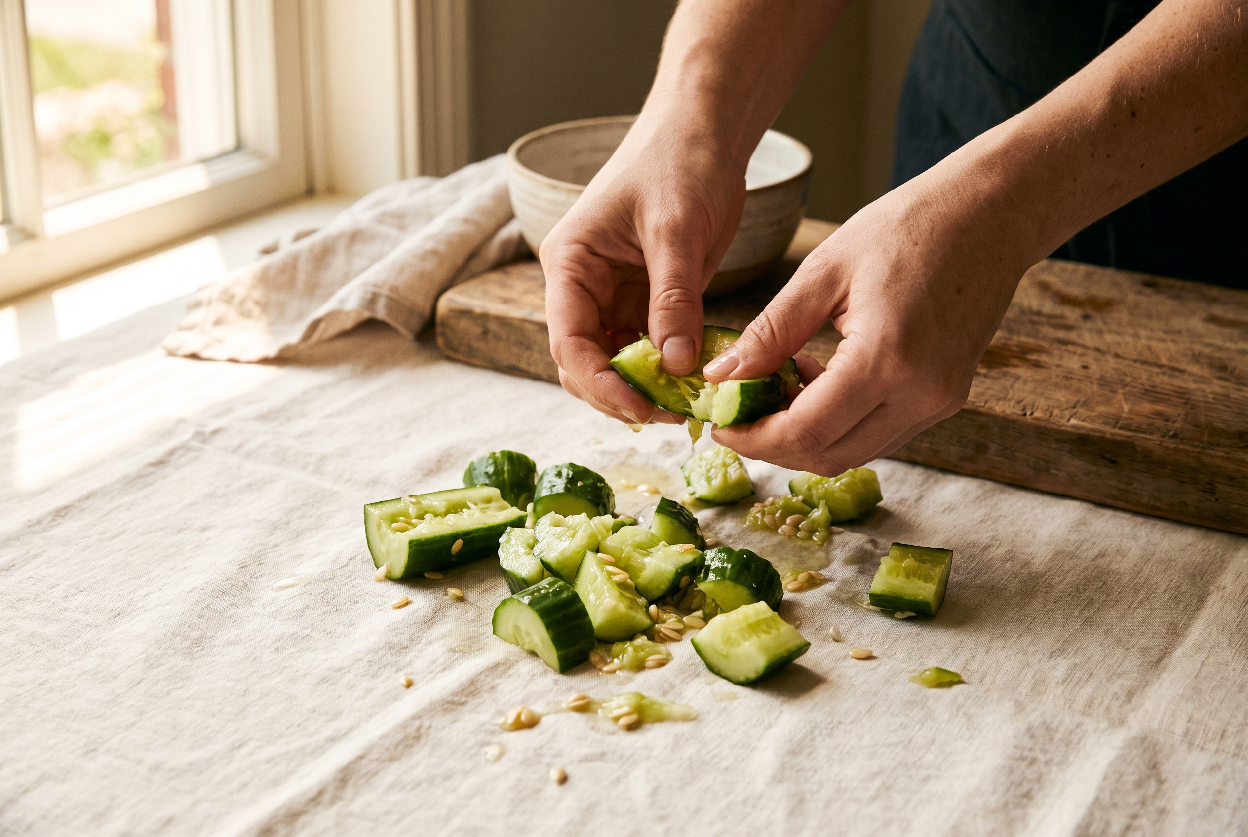 Close-up process photo of smashed cucumber being torn into rough bite-size chunks by hand, cream linen