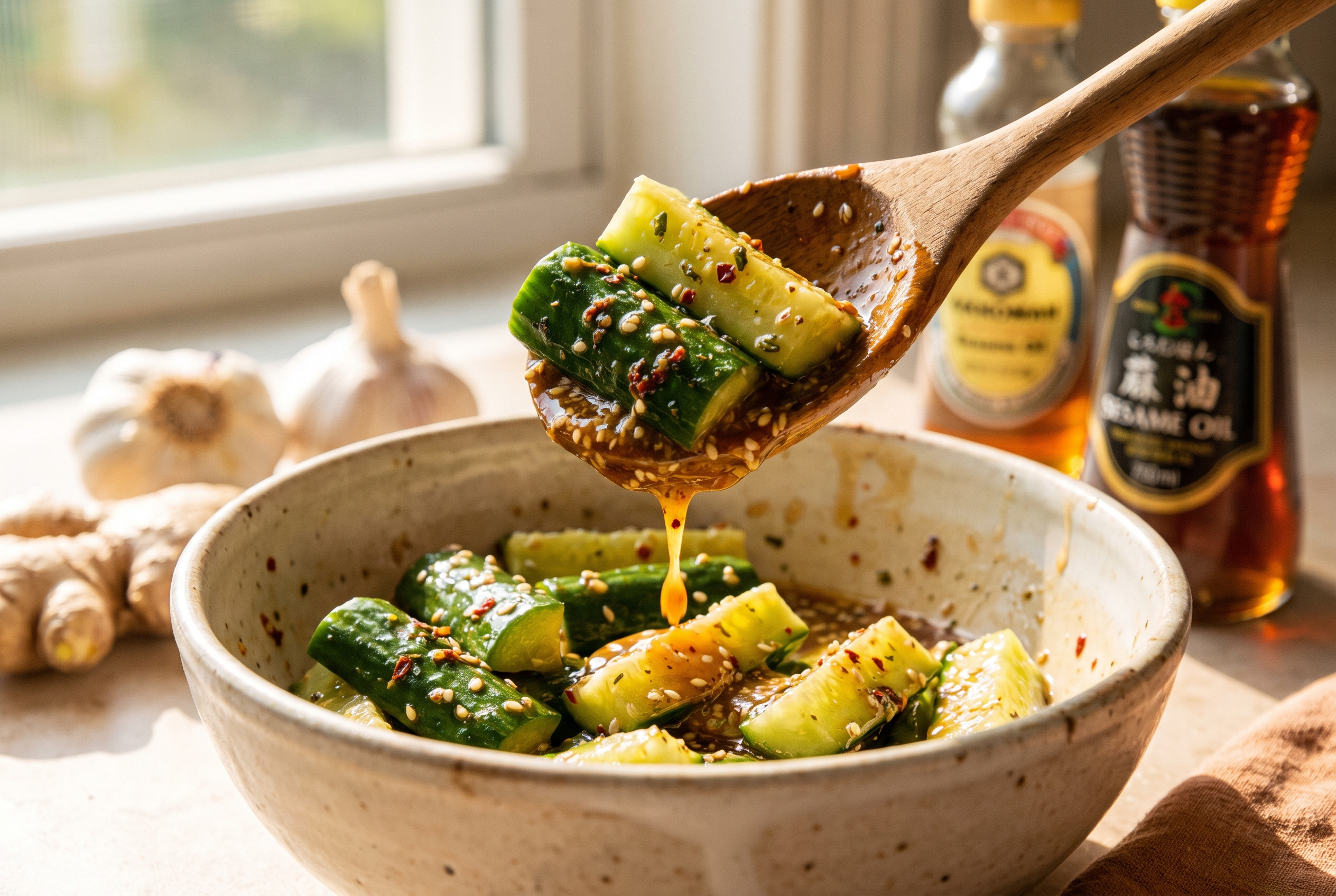 Close-up process photo of drained cucumber pieces being tossed in glossy sesame dressing in a cream bowl