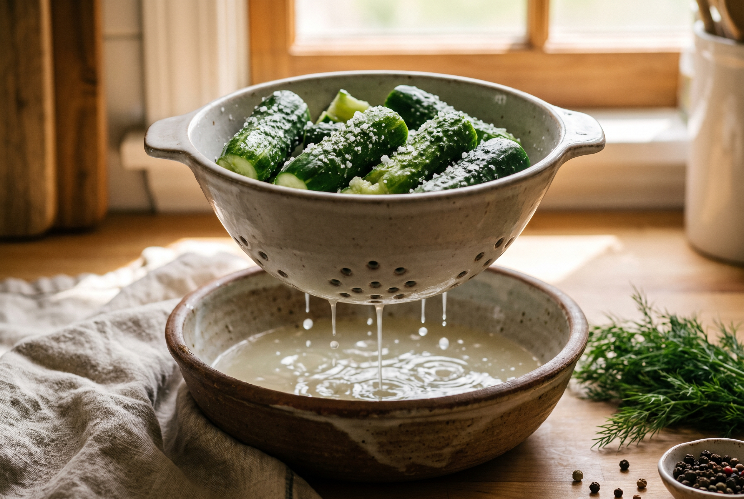 Close-up process photo of salted smashed cucumber pieces draining in a colander with water collecting beneath