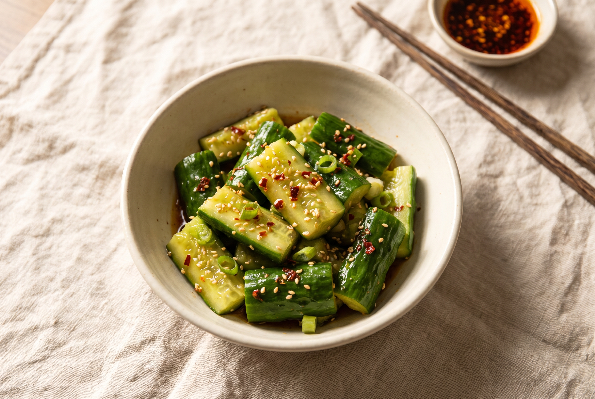 Smashed cucumber salad in a cream bowl with craggy cucumber pieces, sesame seeds, chili flakes and scallions in a glossy rice vinegar dressing, healthy 10-minute side dish