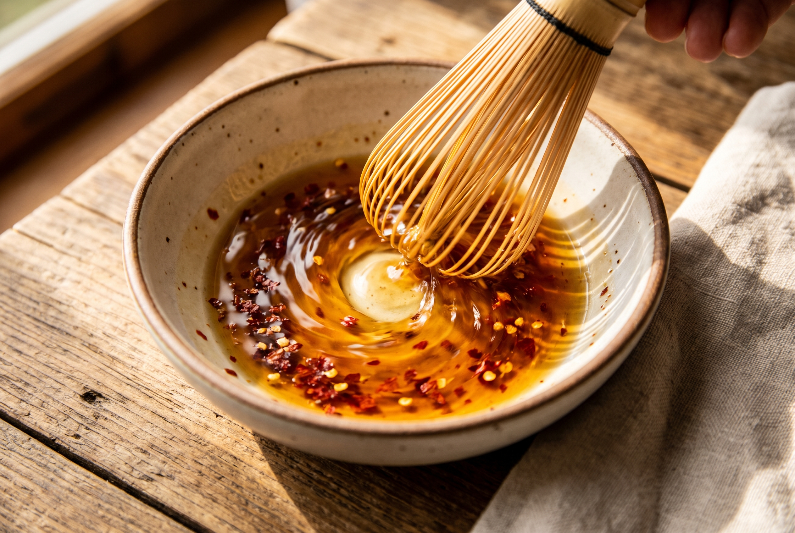 Close-up process photo of rice vinegar, soy sauce and sesame oil being whisked with chili flakes in a small bowl