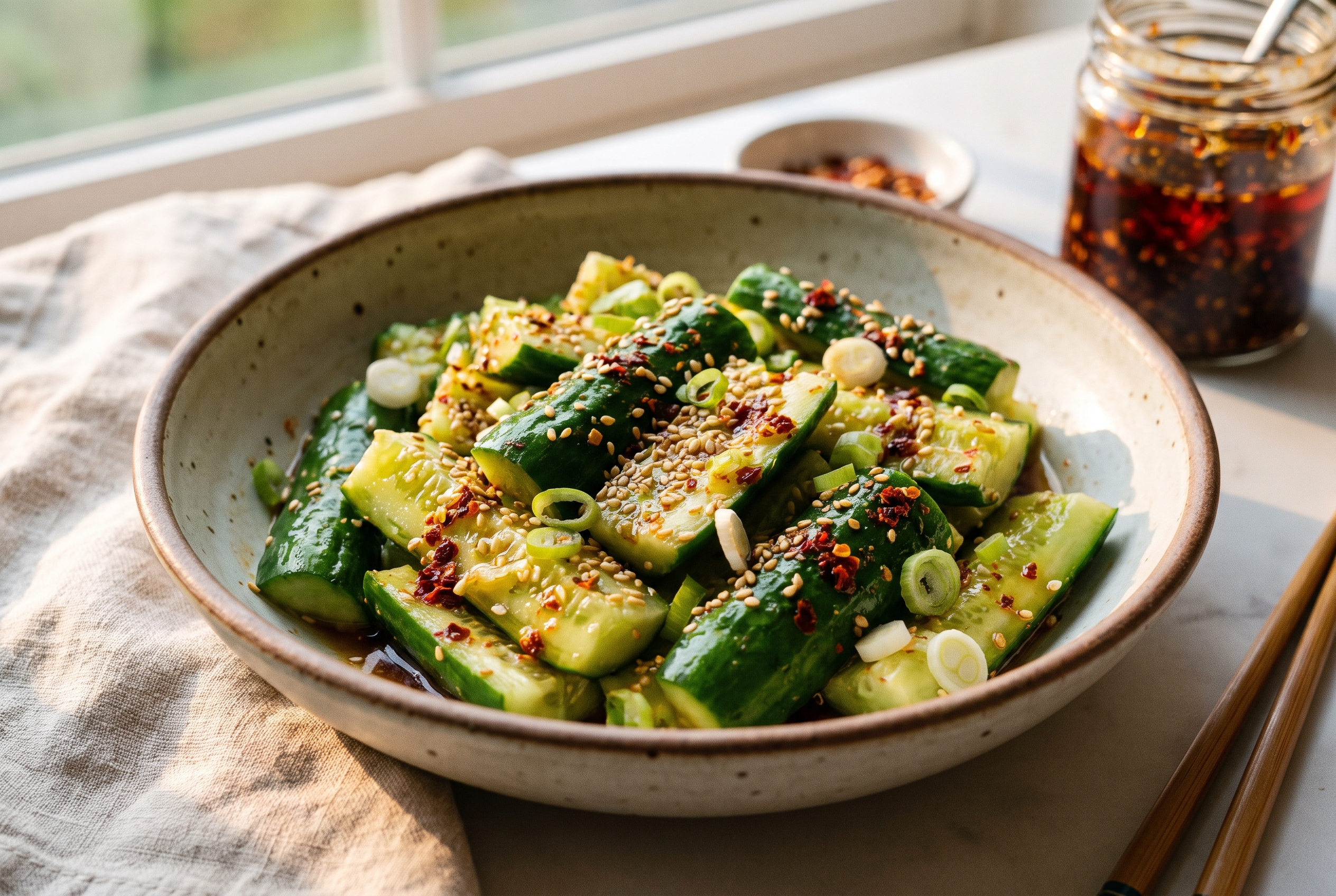 Close-up process photo of finished smashed cucumber salad topped with sesame seeds, chili flakes and sliced scallions