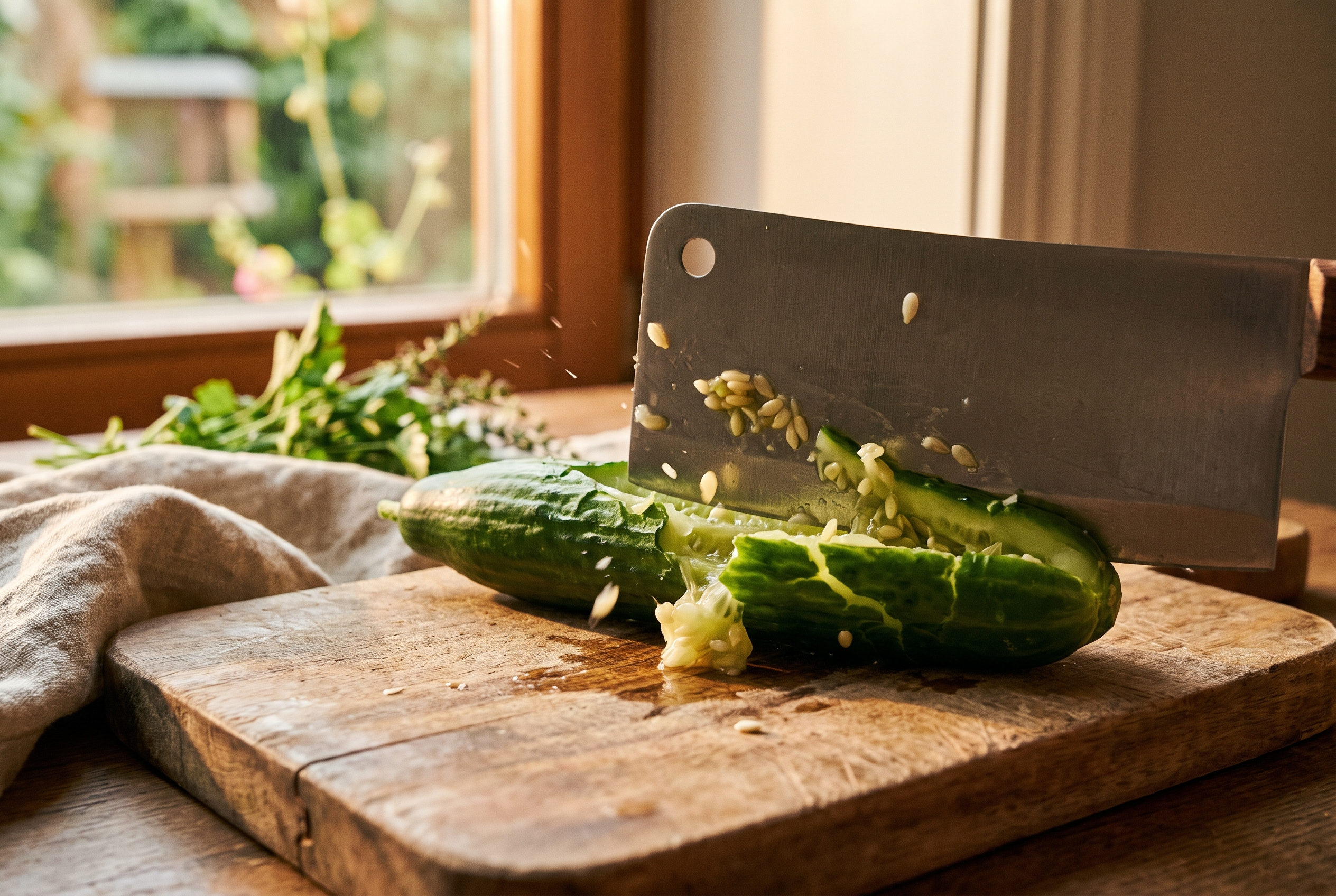 Close-up process photo of an English cucumber being smashed and split open with the flat of a wide knife on a board