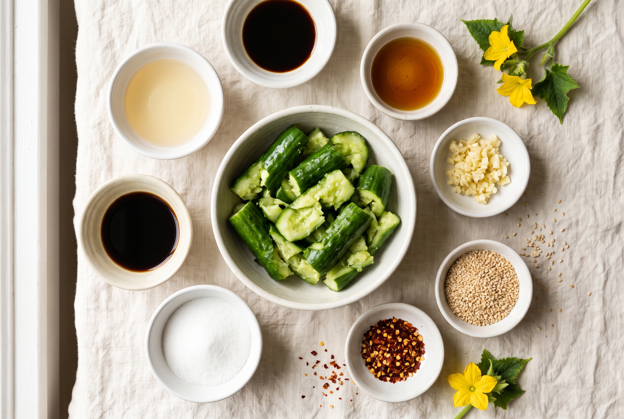 Overhead flat-lay of ingredients for smashed cucumber salad in small white bowls — English cucumbers, rice vinegar, soy sauce, toasted sesame oil, garlic, sugar, chili flakes and sesame seeds