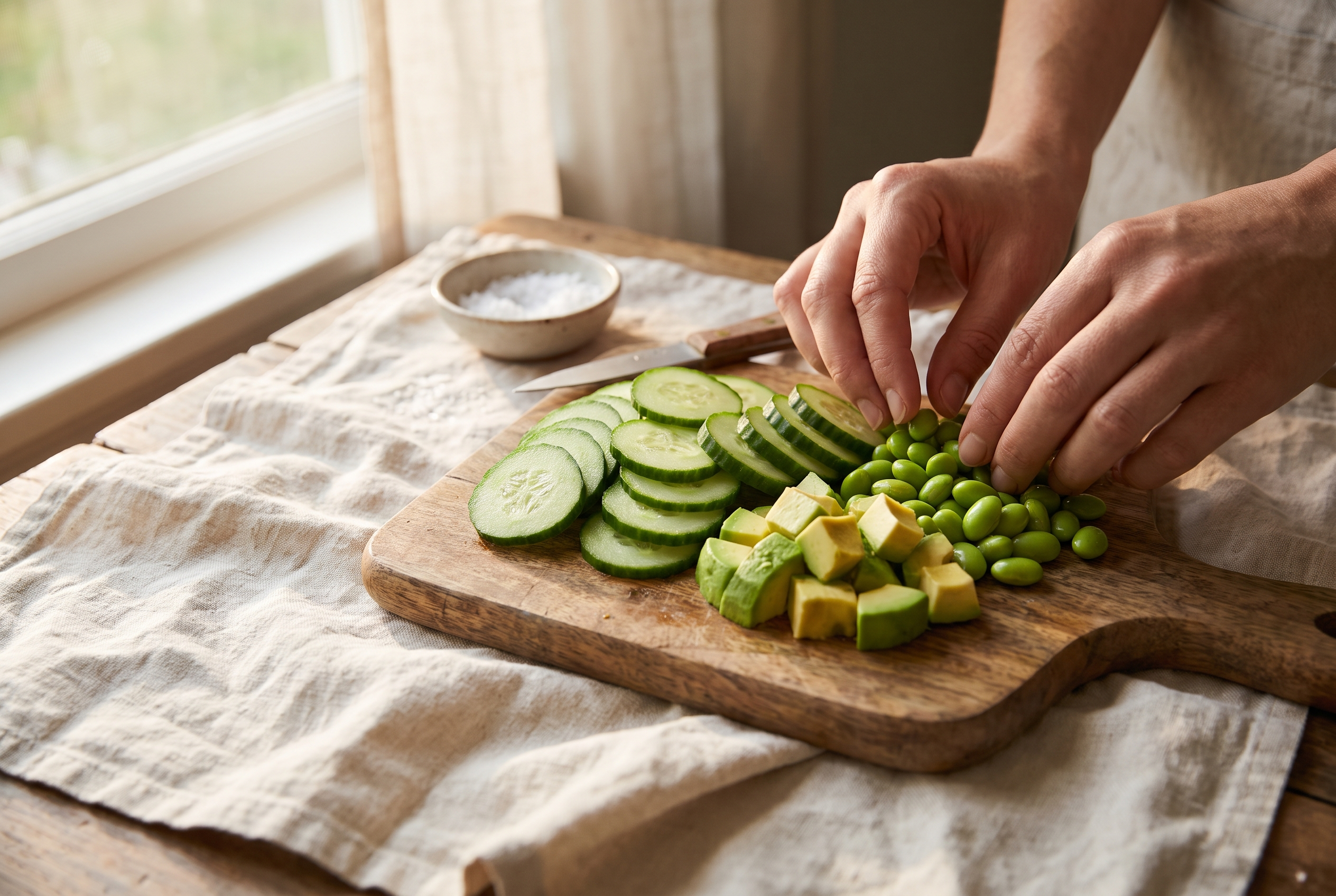 Close-up process photo of sliced cucumber, diced avocado and bright green edamame arranged on a board, cream linen