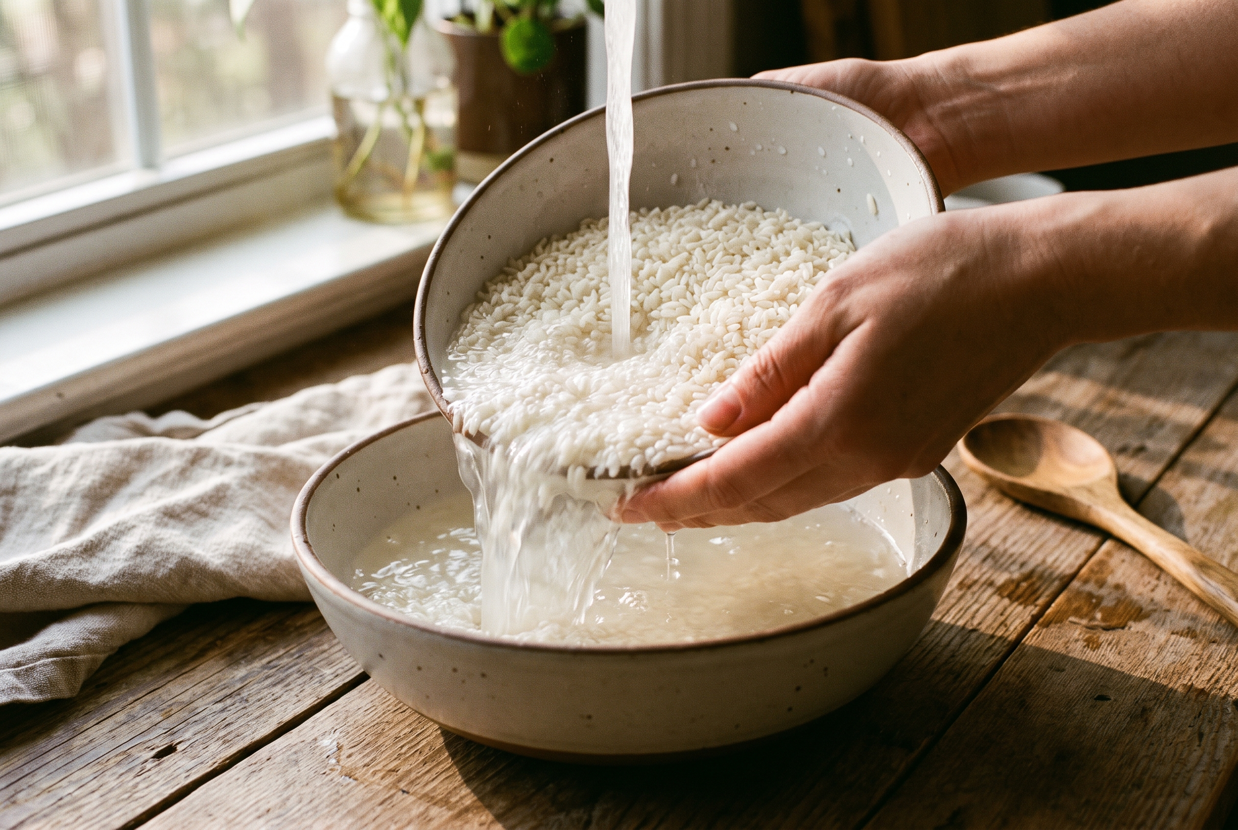 Close-up process photo of white rice being rinsed in a bowl until the water runs clear, warm window light