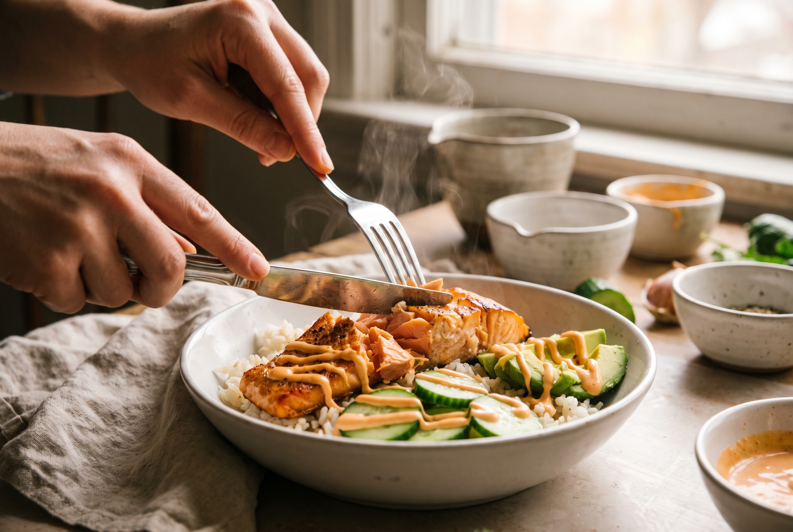 Close-up process photo of roasted salmon being flaked into large pieces over rice with cucumber, avocado and spicy mayo drizzle