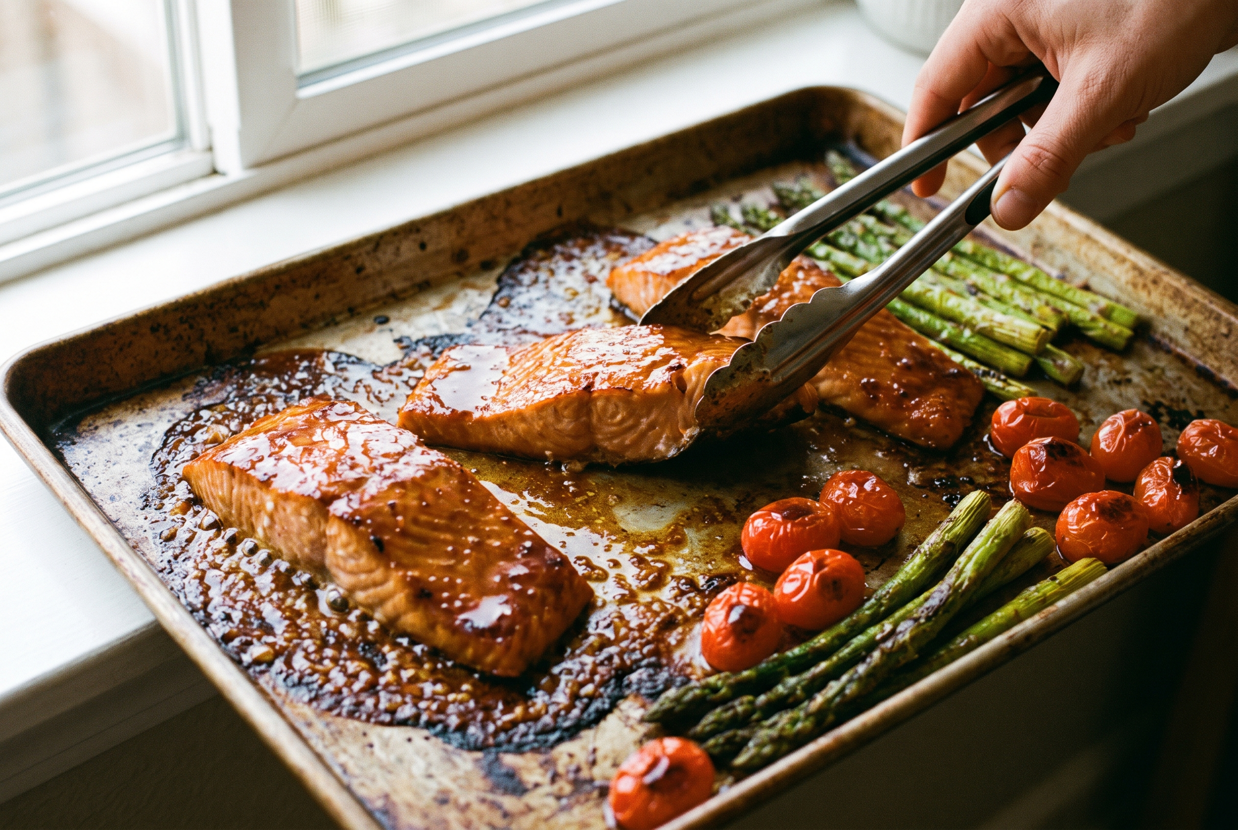 Close-up process photo of glazed salmon fillets roasting on a sheet pan with caramelized edges, premium food blog style