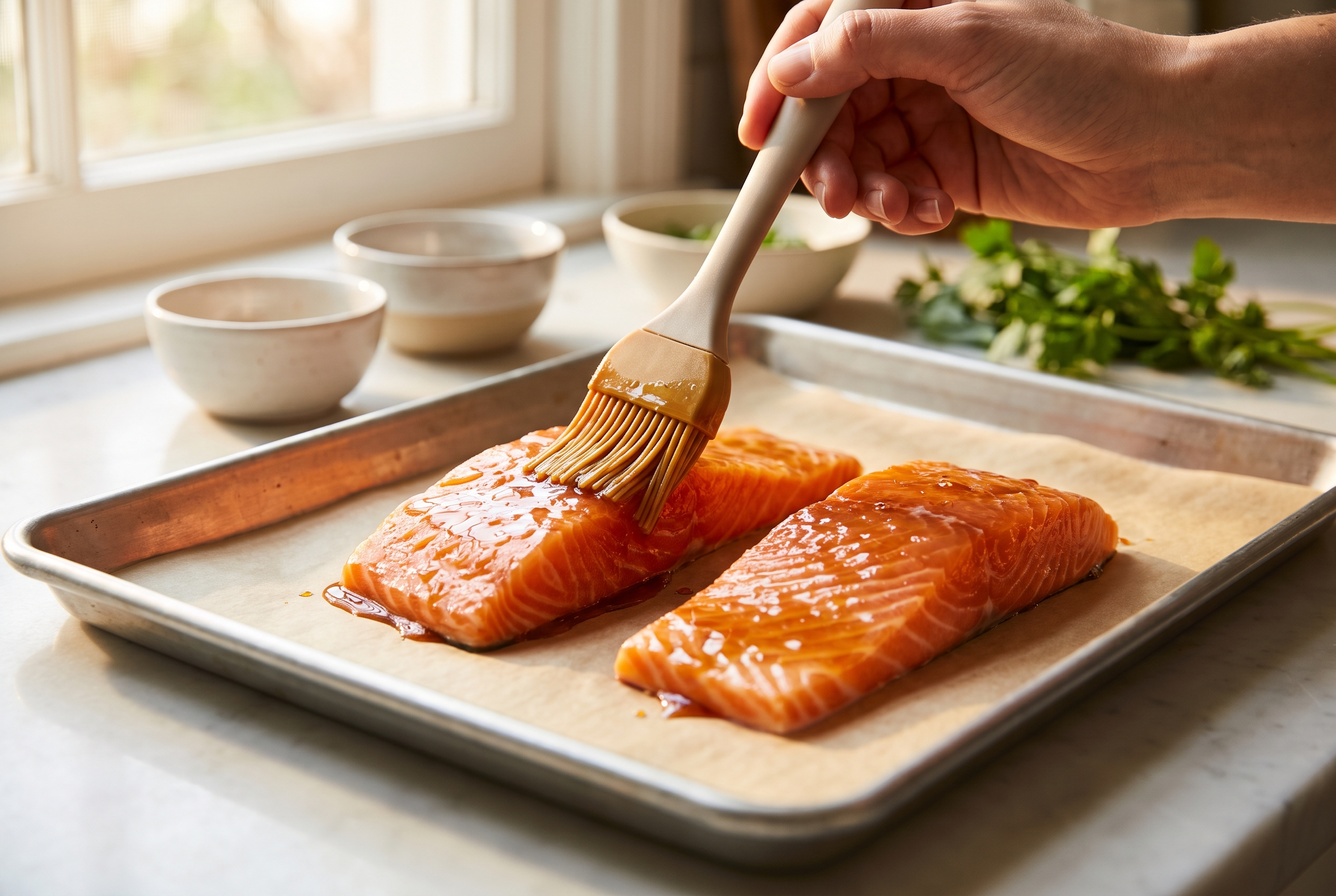 Close-up process photo of salmon fillets being brushed with a honey soy glaze on a lined sheet pan