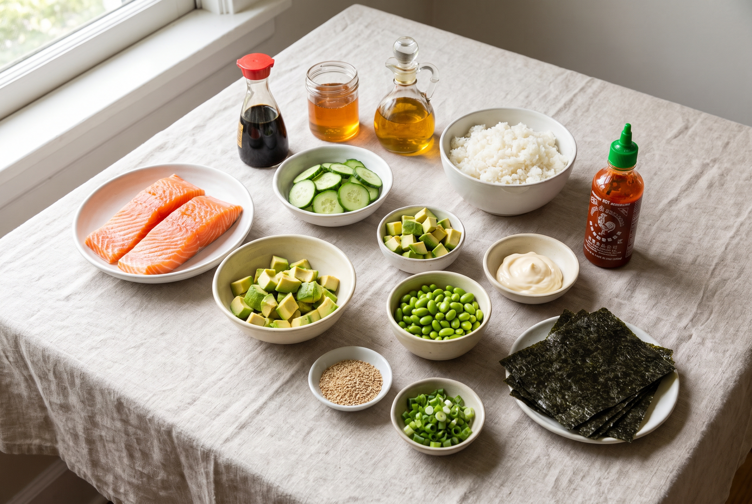 Overhead flat-lay of ingredients for salmon rice bowls in small white bowls — salmon fillets, soy sauce, honey, sesame oil, rice, cucumber, avocado, edamame, mayonnaise, sriracha and nori