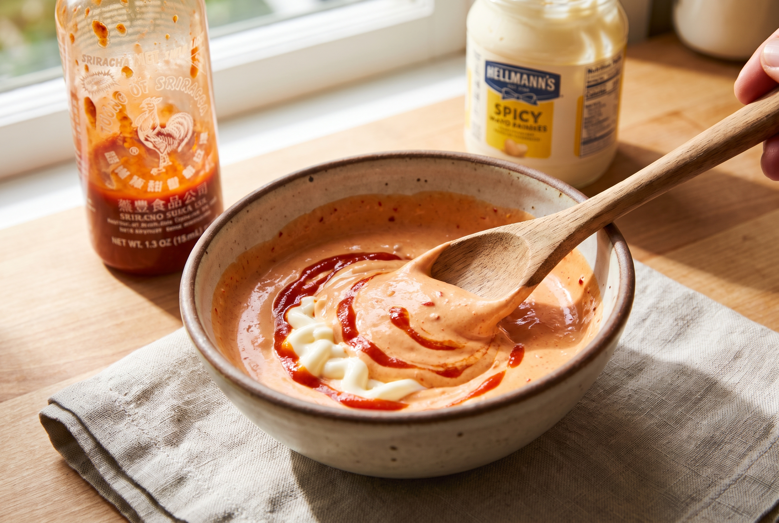 Close-up process photo of mayonnaise and sriracha being stirred into a smooth coral spicy mayo in a small bowl