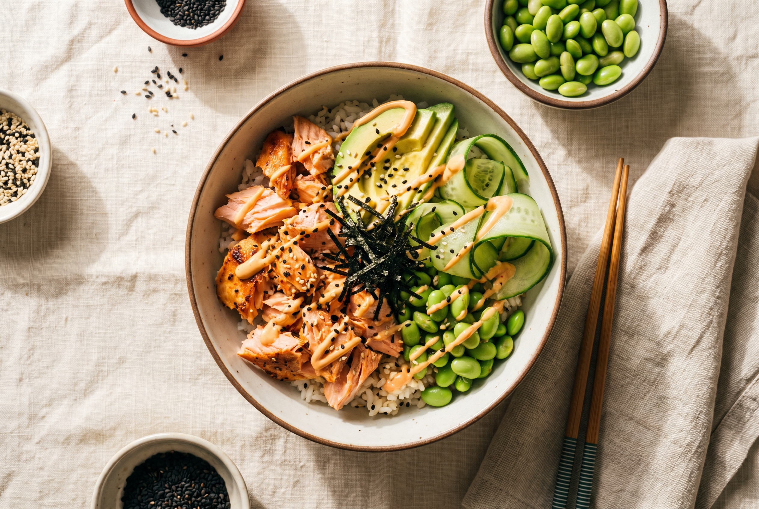 Salmon rice bowl with flaked roasted salmon over rice, cucumber, avocado, edamame and a spicy mayo drizzle with sesame and nori, healthy 25-minute high protein dinner