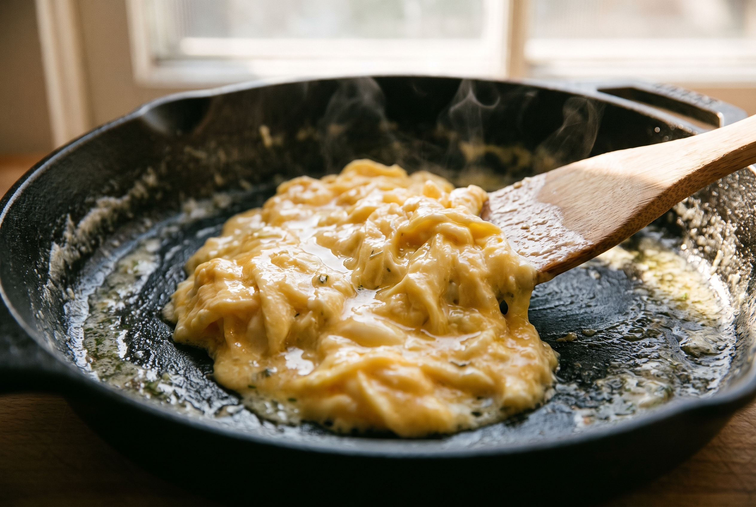 Close-up process photo of soft glossy scrambled eggs being stirred slowly in a buttered skillet, still slightly wet