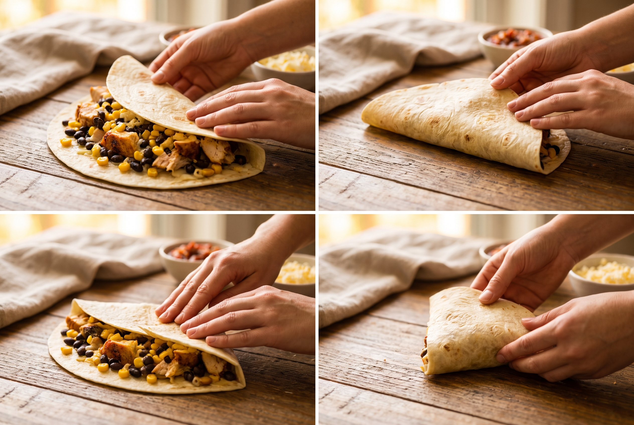 Close-up process photo of a filled tortilla being folded quarter over quarter into a thick triangular wedge