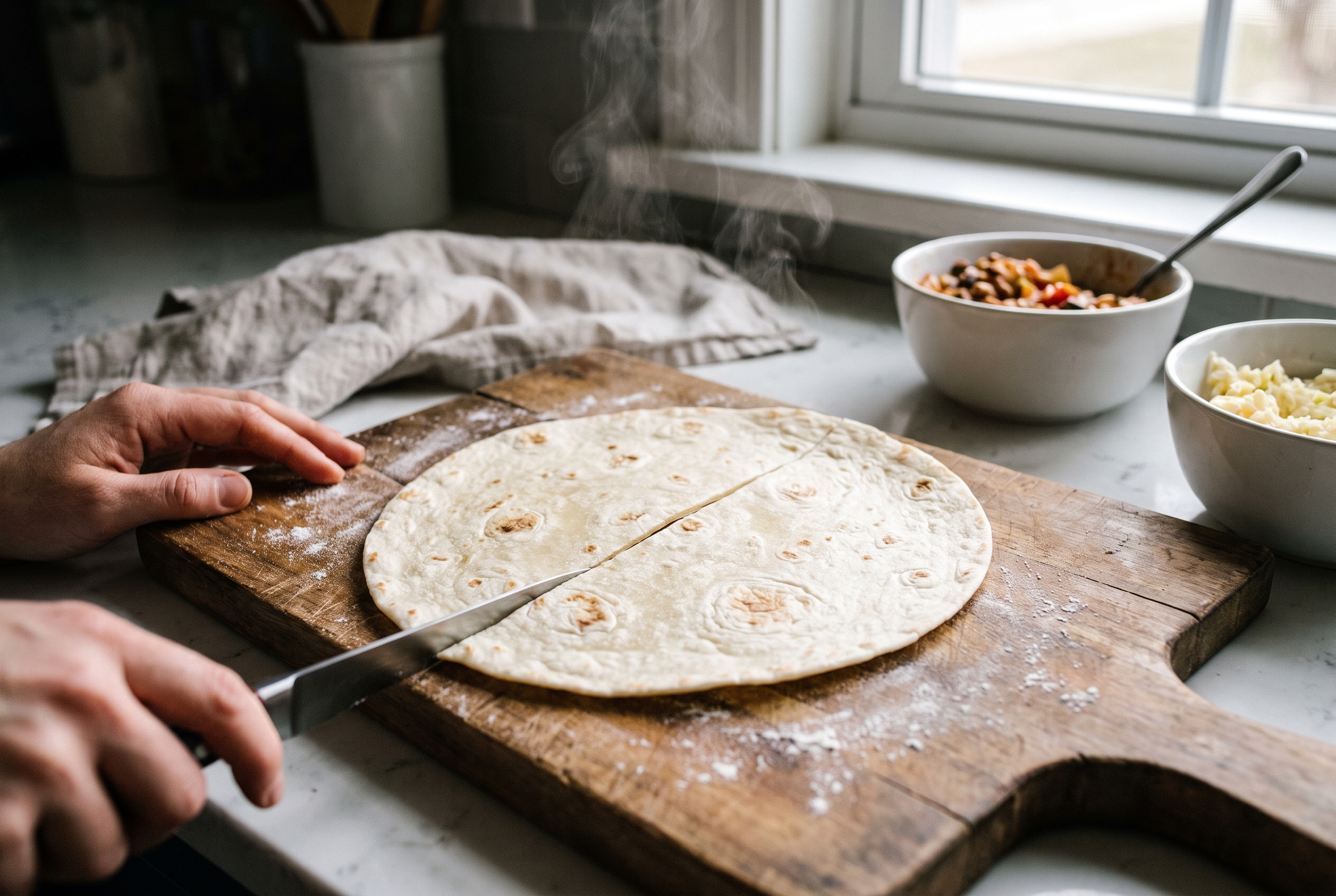 Close-up process photo of a large flour tortilla on a board with a single straight slit cut from the centre to the edge