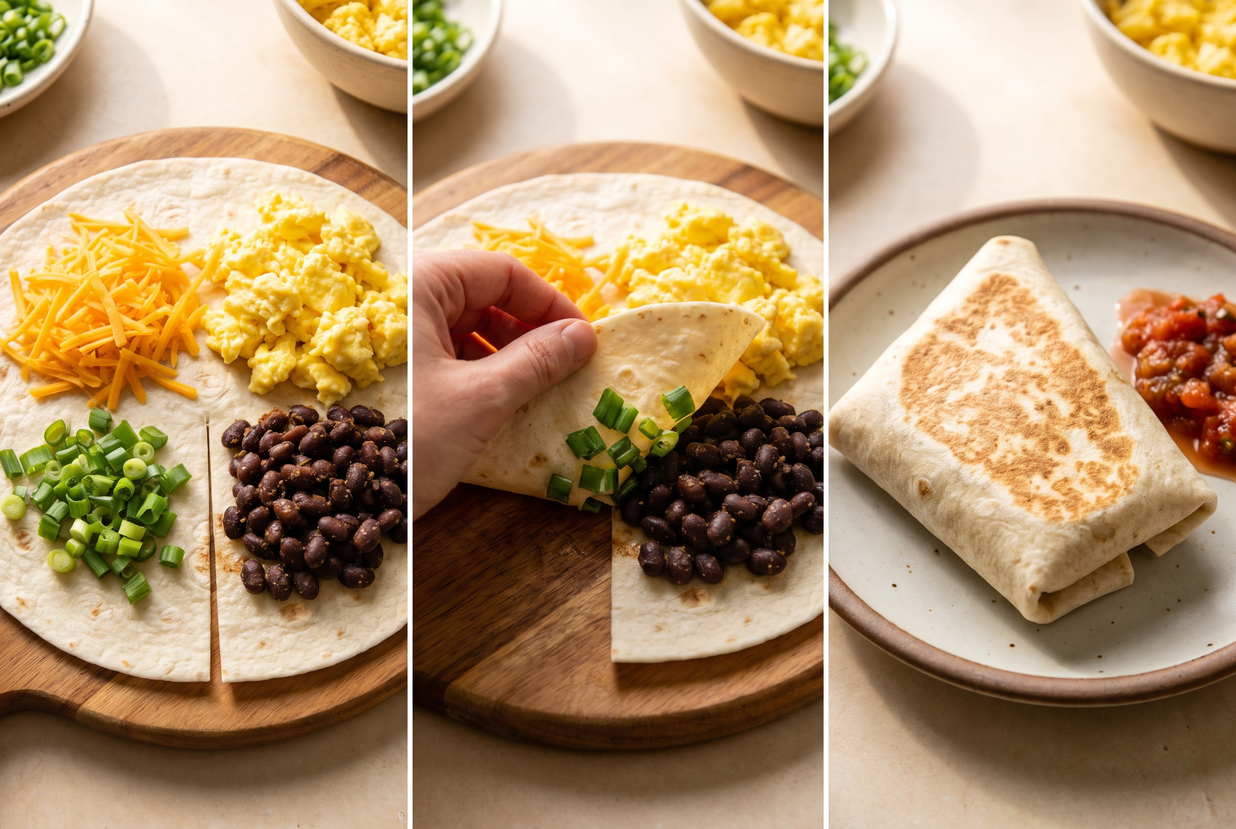 Close-up process photo of a slit tortilla with cheese, scrambled eggs, black beans and scallions arranged in separate quarters
