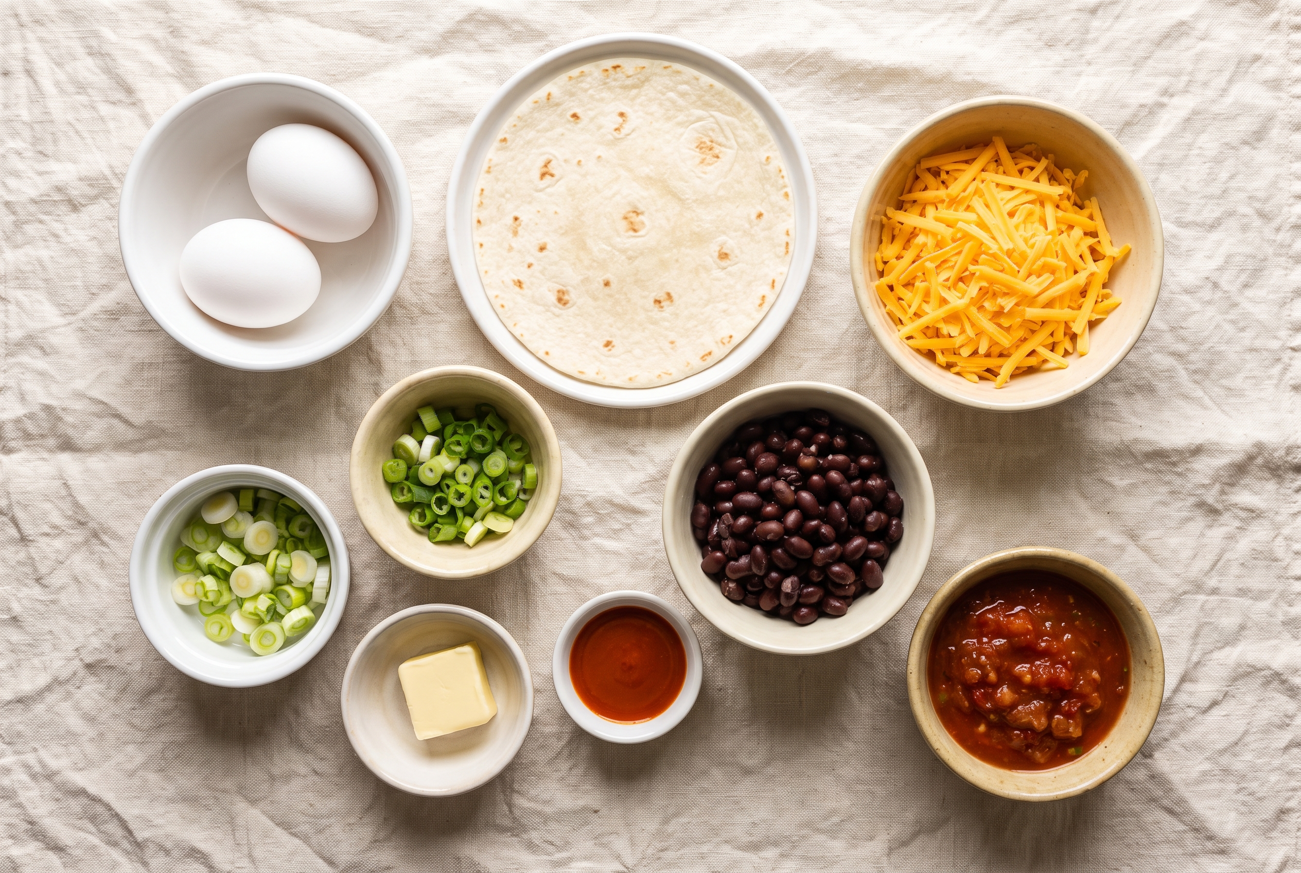 Overhead flat-lay of ingredients for a breakfast quesadilla in small white bowls — eggs, flour tortilla, shredded cheddar, black beans, scallions, butter, hot sauce and salsa