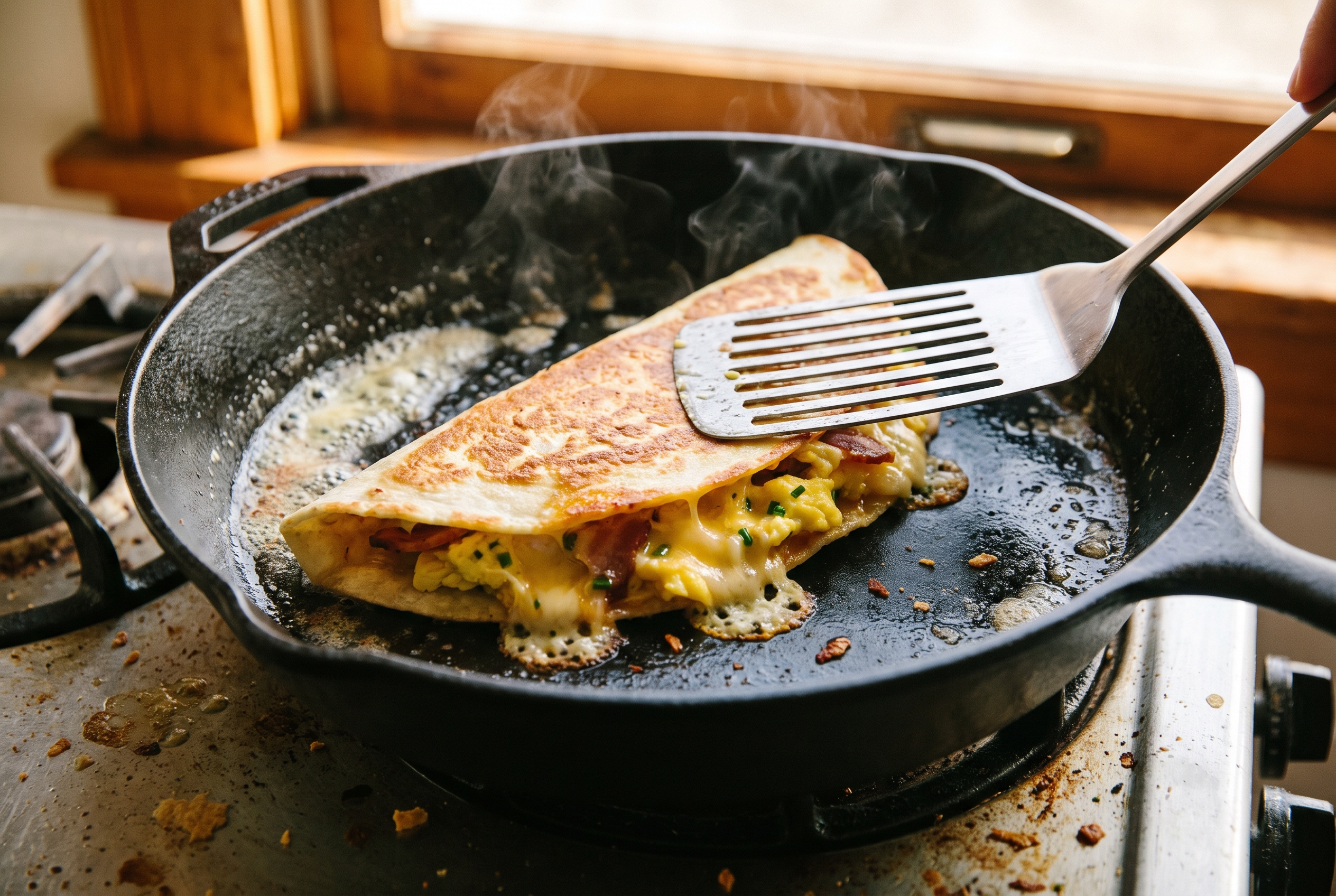 Close-up process photo of a folded breakfast quesadilla crisping golden brown in a buttered skillet, pressed with a spatula