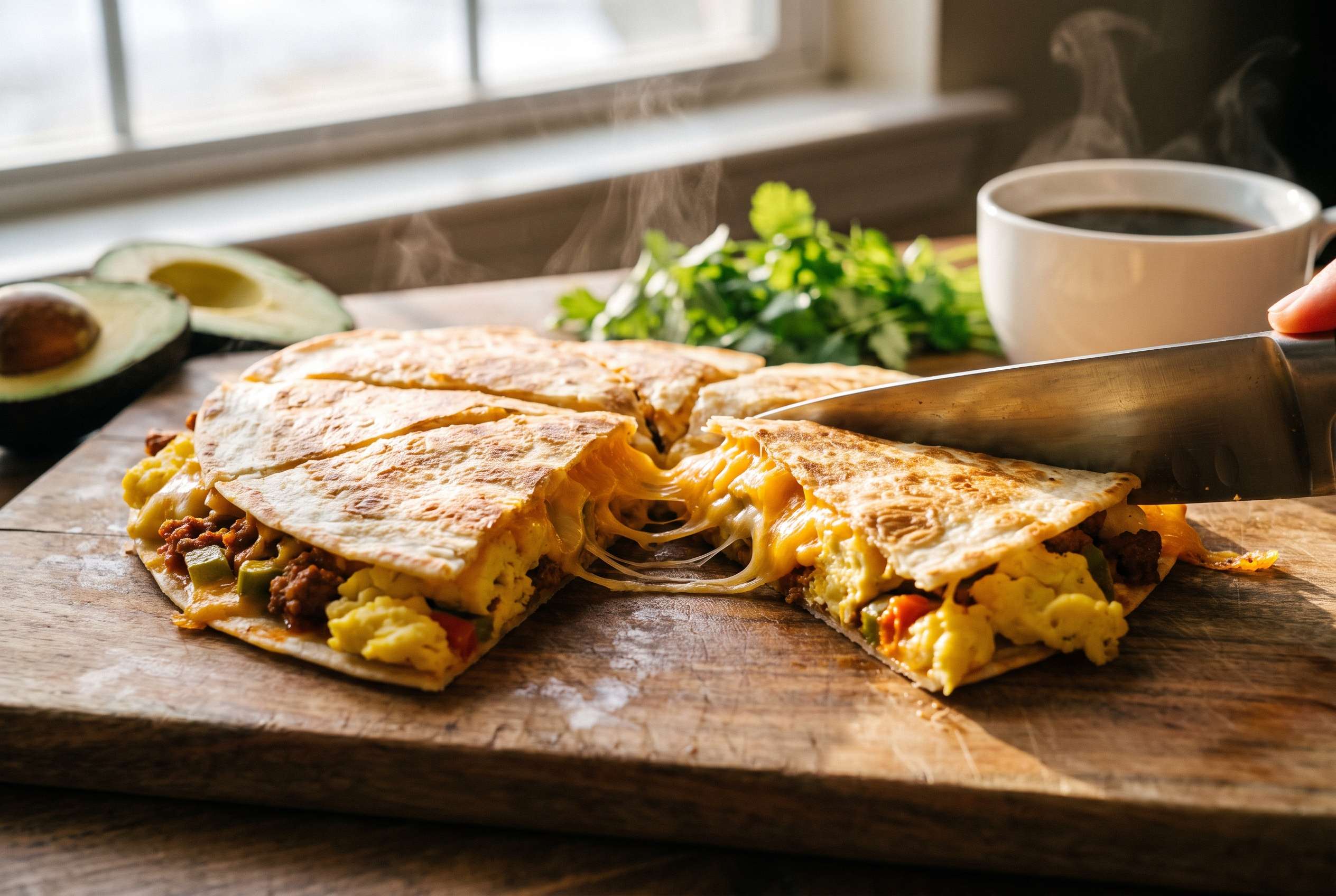 Close-up process photo of a golden crisp breakfast quesadilla being cut into wedges showing melted cheese and eggs inside