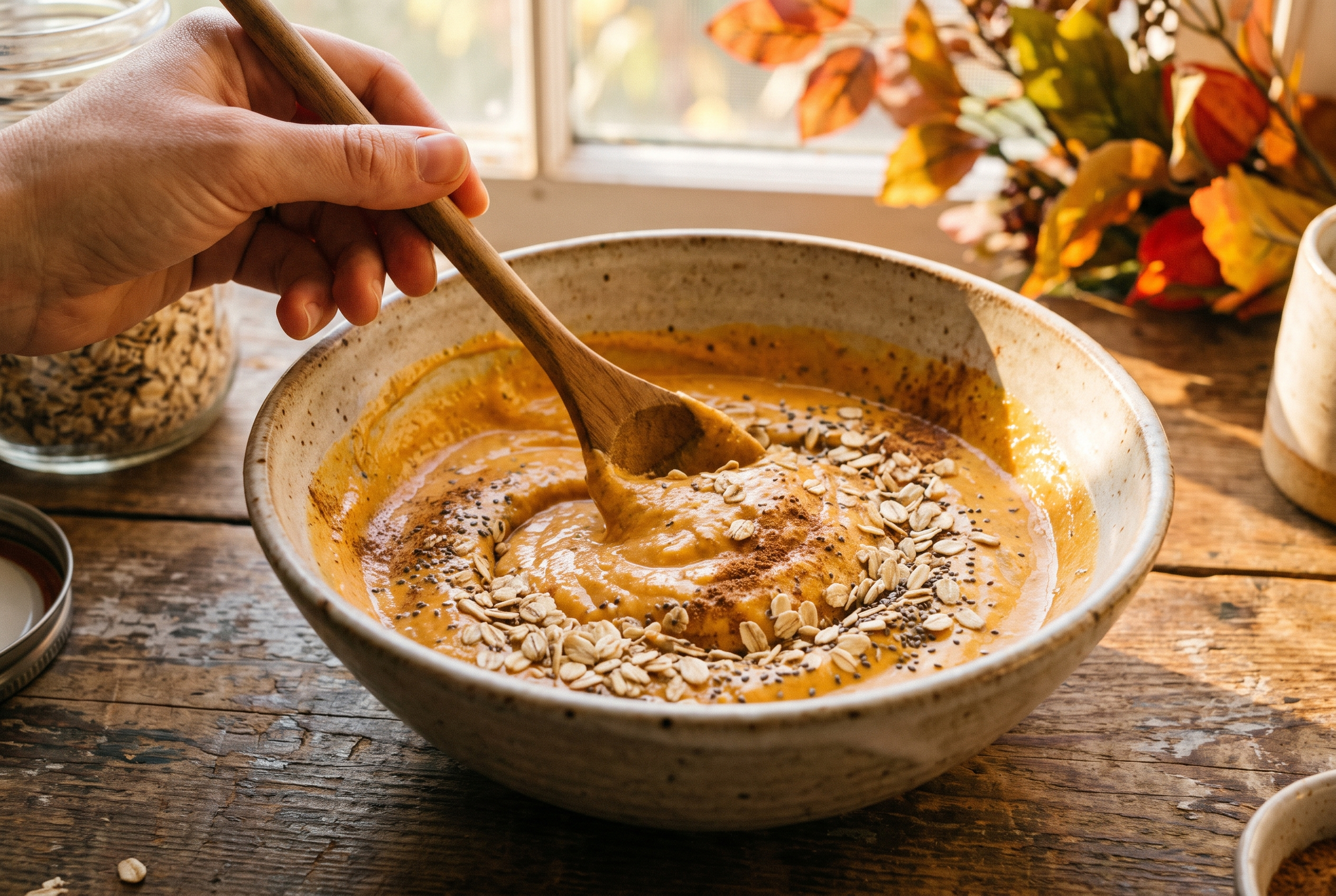 Close-up process photo of rolled oats and chia seeds being stirred into a spiced pumpkin yogurt base in a bowl