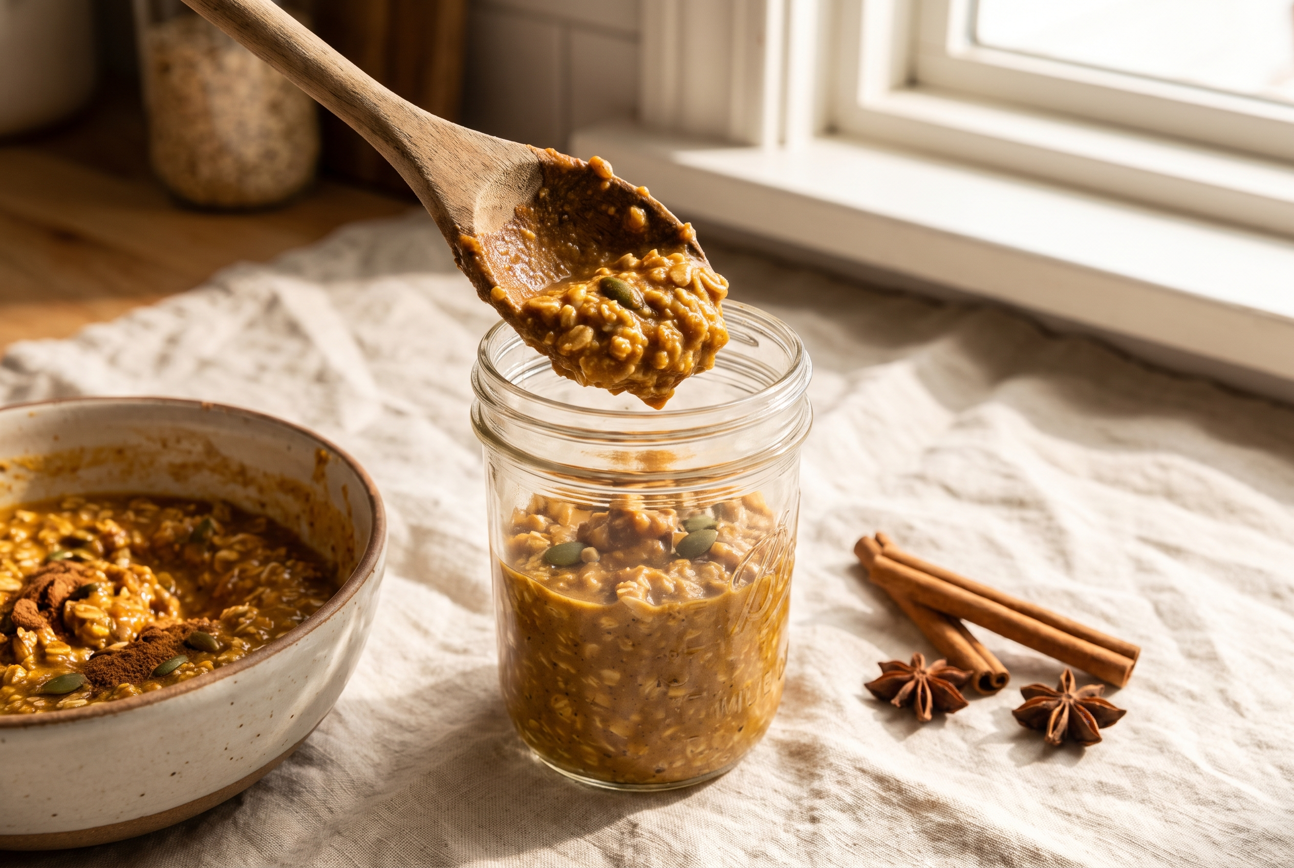 Close-up process photo of spiced pumpkin oat mixture being spooned into glass jars on a cream linen surface