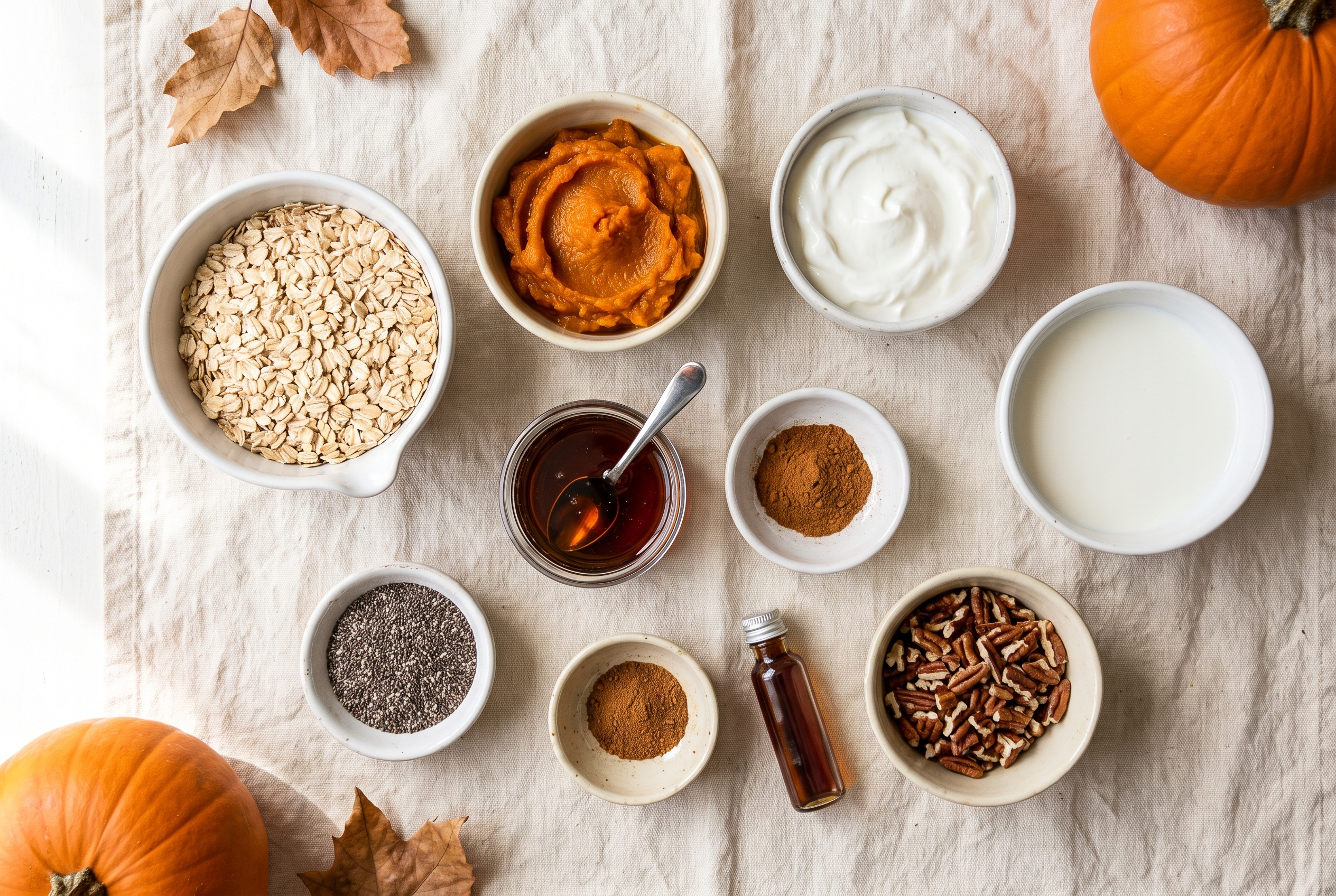 Overhead flat-lay of ingredients for pumpkin overnight oats in small white bowls — rolled oats, pumpkin purée, Greek yogurt, milk, chia seeds, maple syrup, pumpkin pie spice, vanilla and pecans